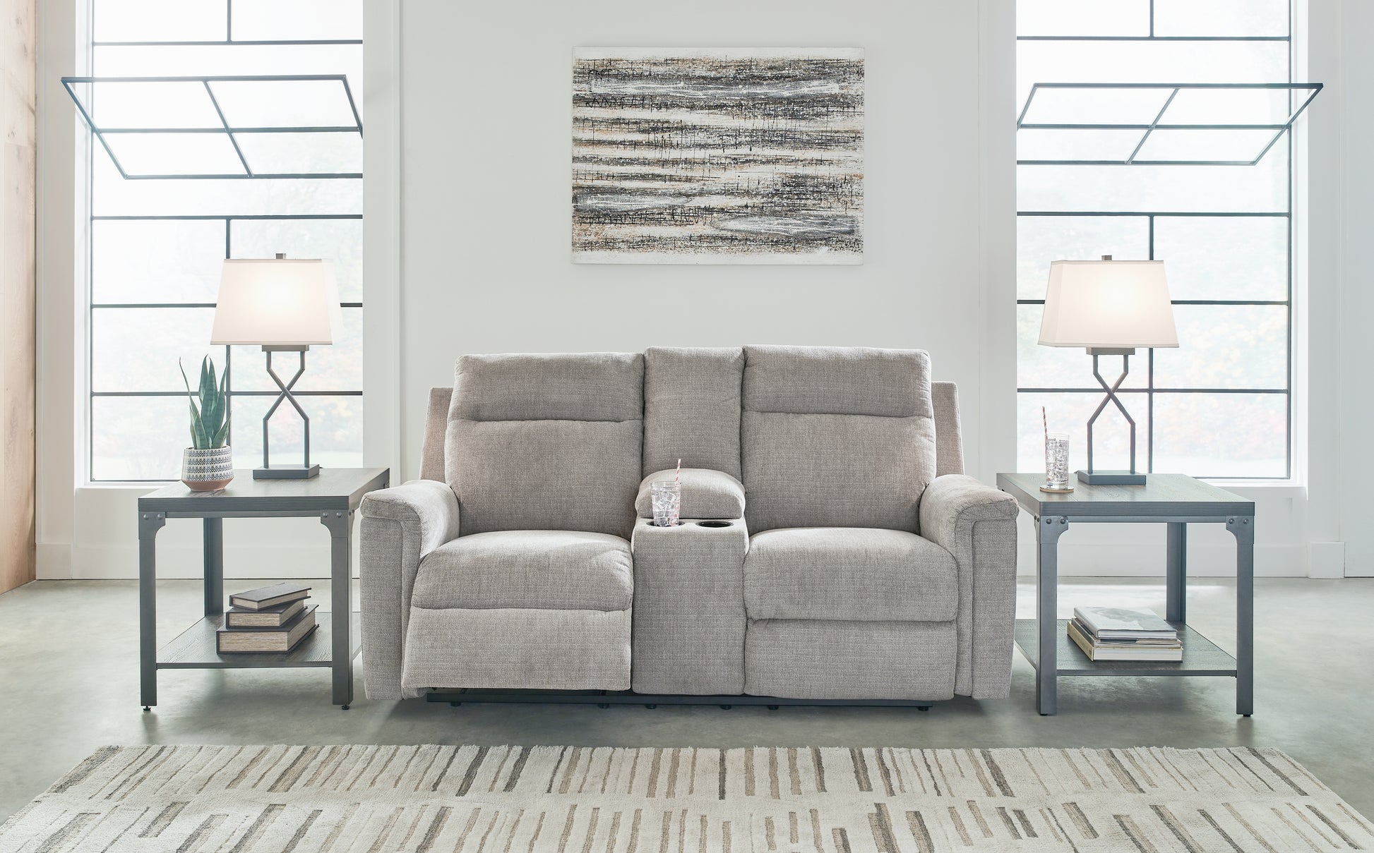 Orange Furniture Outlet - Ashley Furniture - Barnsana Living Room - DBL REC PWR Loveseat w/Console / Ash - 3320196