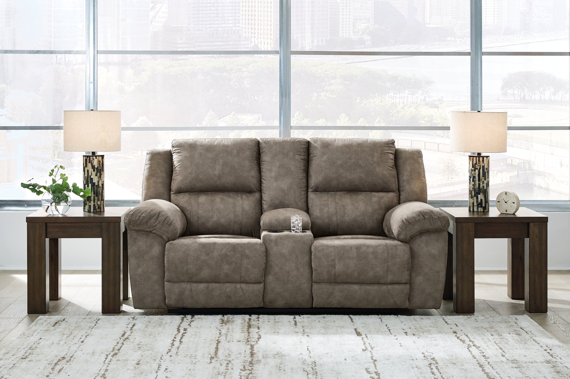 Orange Furniture Outlet - Ashley Furniture - Laresview Living Room - DBL Rec Loveseat w/Console / Fossil - 3720394