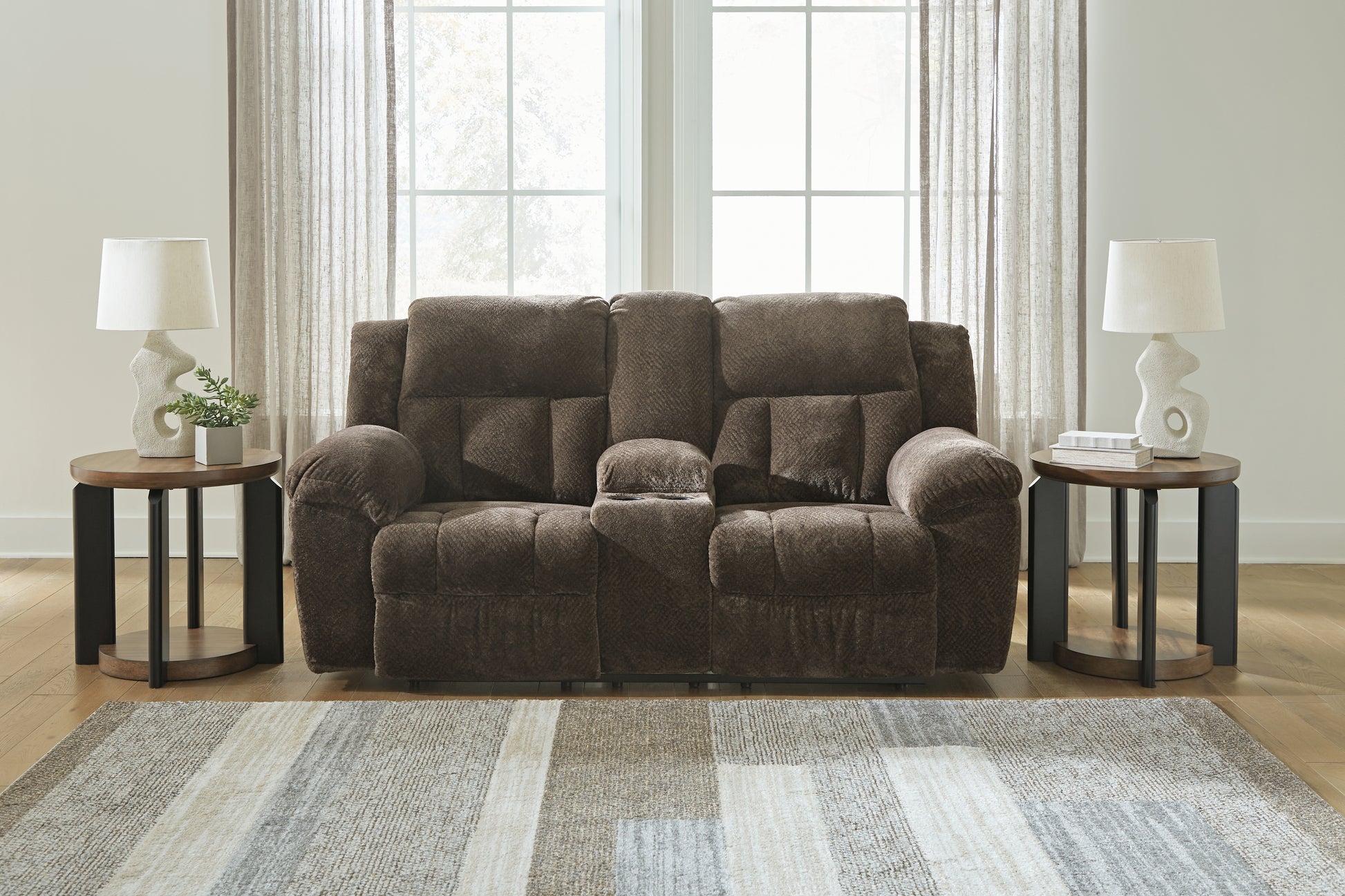 Orange Furniture Outlet - Ashley Furniture - Frohn Living Room - DBL Rec Loveseat w/Console / Chocolate - 3740794