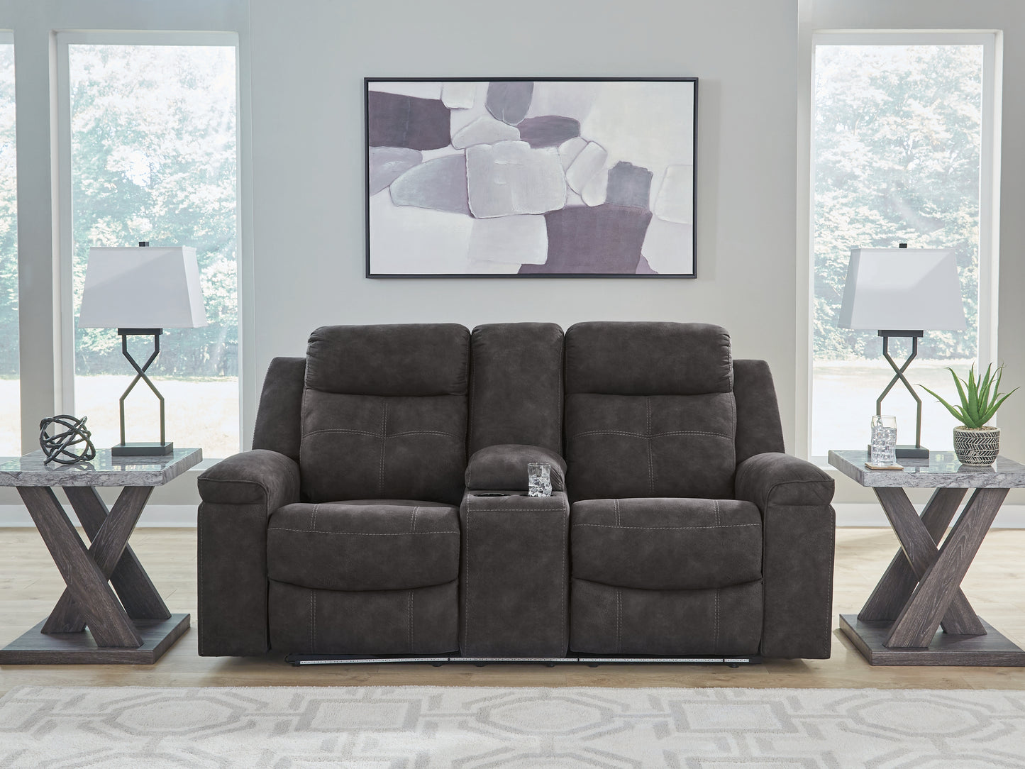 Orange Furniture Outlet - Ashley Furniture - Brysonview Living Room - DBL Rec Loveseat w/Console / Charcoal - 6360594