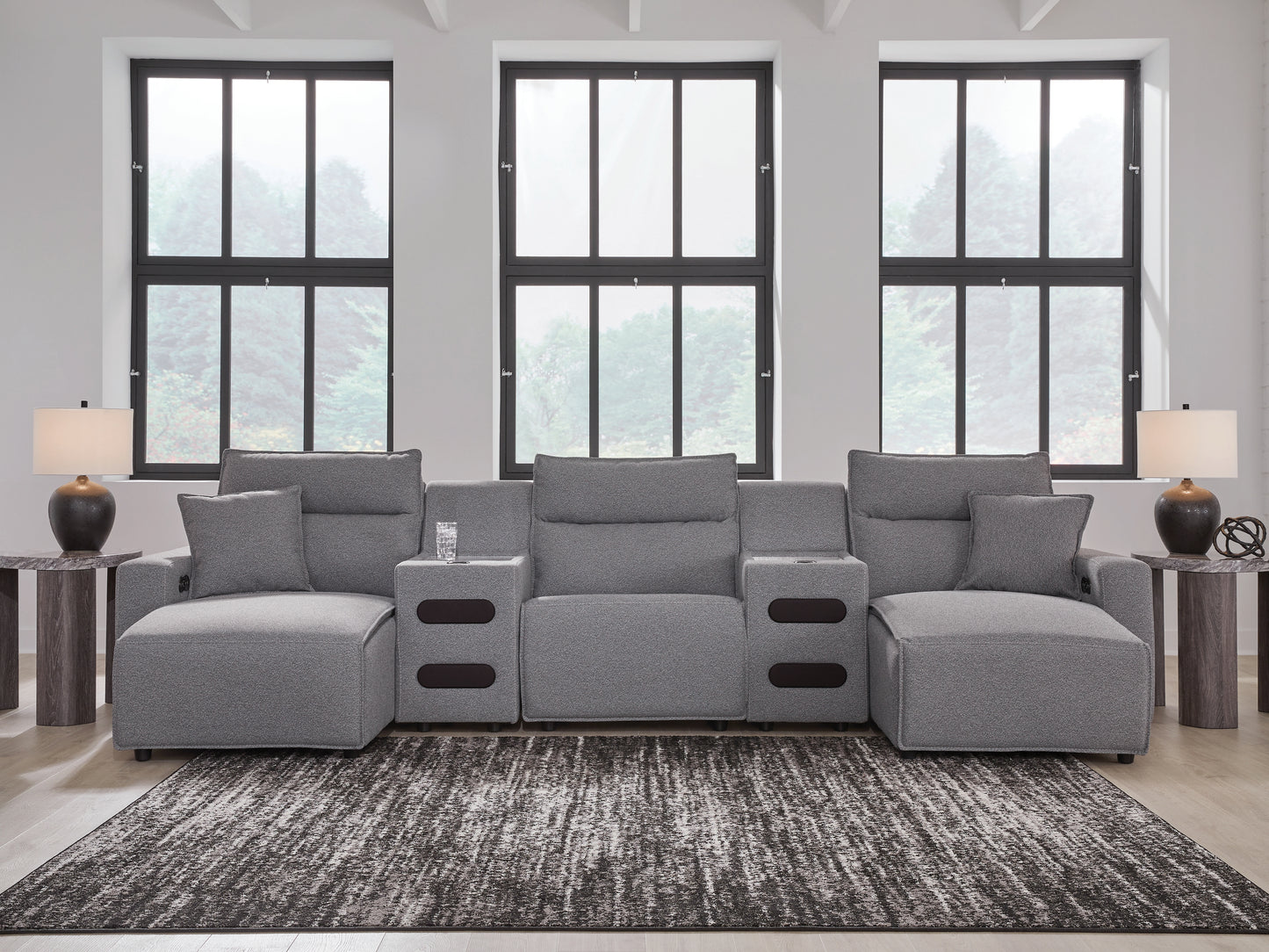 Orange Furniture Outlet - Ashley Furniture - ModMax II Sectional - 5-Piece Power Reclining Sectional with Chaise and Audio Consoles / Salt and Pepper - 65906S15