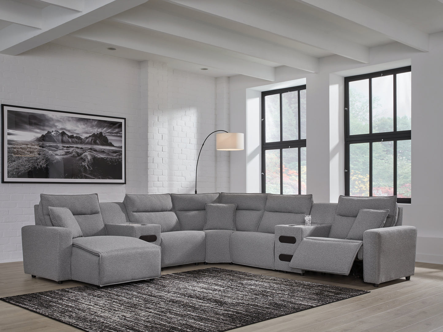Orange Furniture Outlet - Ashley Furniture - ModMax II Sectional - 7-Piece Power Reclining Sectional with Chaise and Audio Consoles / Salt and Pepper - 65906S20