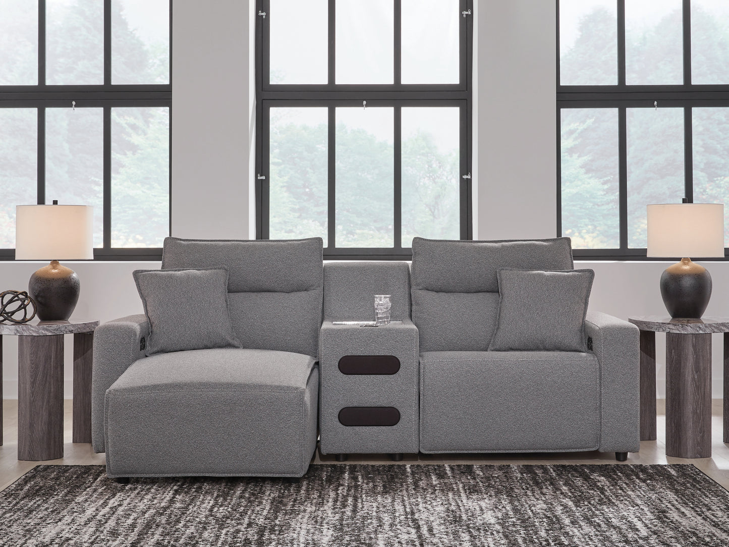 Orange Furniture Outlet - Ashley Furniture - ModMax II Sectional - 3-Piece Power Reclining Sectional with Chaise and Audio Console / Salt and Pepper - 65906S18