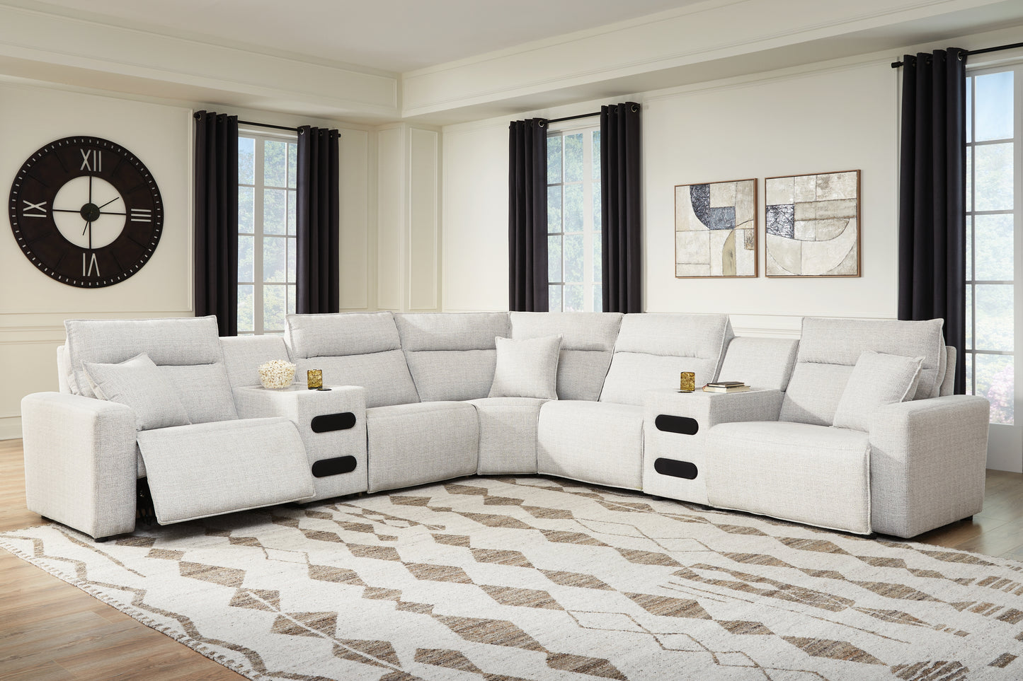Orange Furniture Outlet - Ashley Furniture - ModMax II Sectional - 7-Piece Power Reclining Sectional with Audio Consoles / Stone - 65907S9