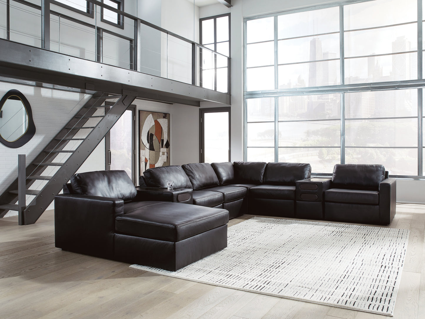 Orange Furniture Outlet - Ashley Furniture - ModMax II Sectional - RAF 8-Piece Sectional with Chaise and Audio Consoles / Black - 74305S47