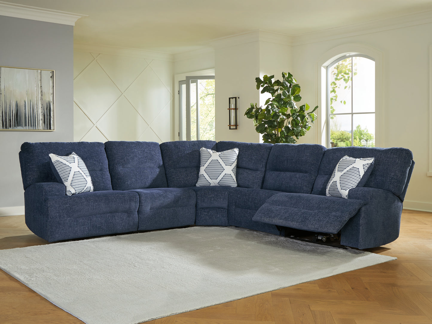 Orange Furniture Outlet - Ashley Furniture - Acklen Place Sectional - 5-Piece Power Reclining Sectional / Navy - 93607S3