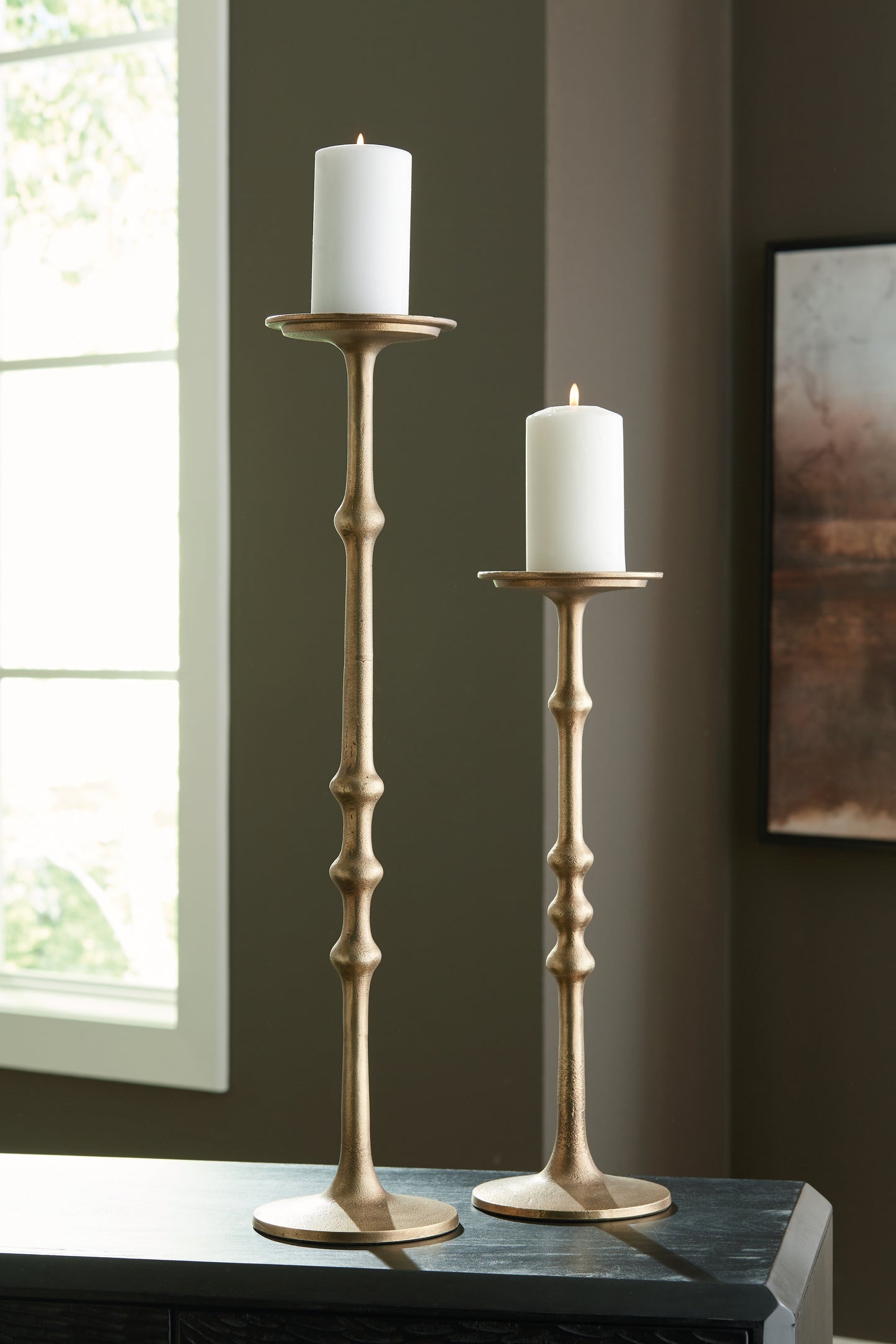 Orange Furniture Outlet - Ashley Furniture - Larwick Candle Holder - Candle Holder Set (Set of 2) / Antique Brass Finish - A2000683
