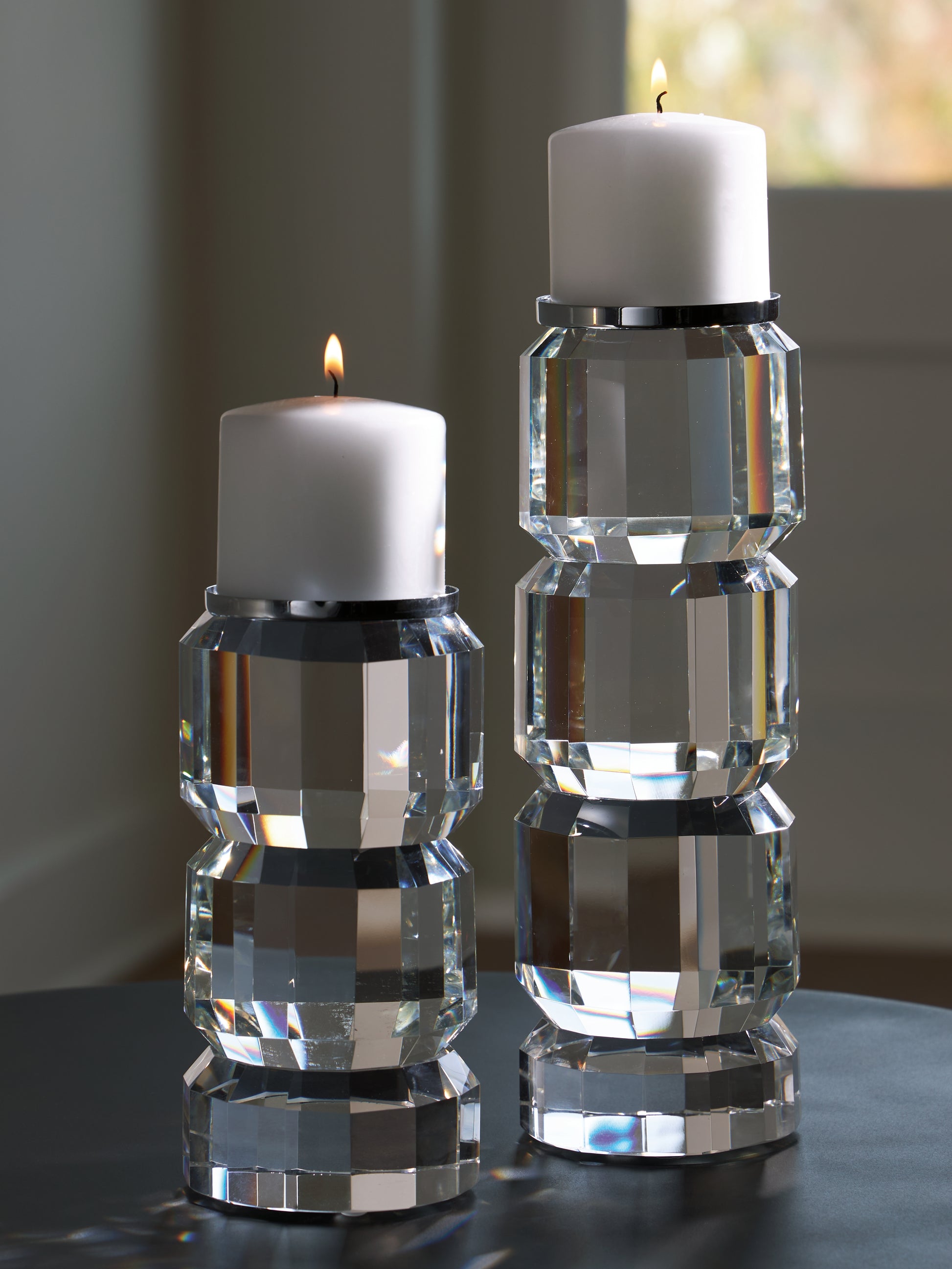 Orange Furniture Outlet - Ashley Furniture - Brentley Candle Holder - Candle Holder Set (Set of 2) / Clear/Silver Finish - A2000770