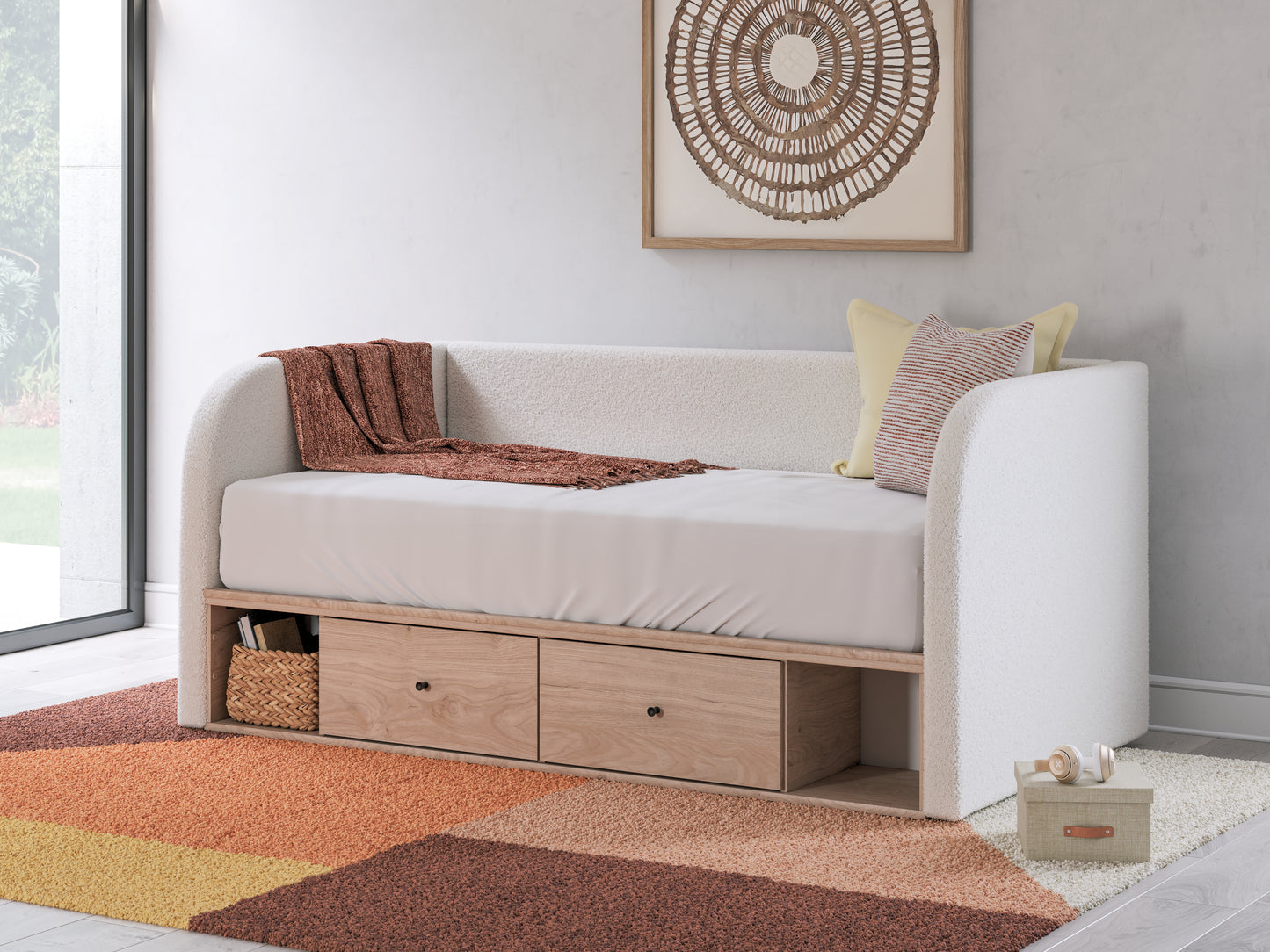 Orange Furniture Outlet - Ashley Furniture - Arloster Bedroom - Full Upholstered Day Bed with Storage / Tan/White - PCB1566B11