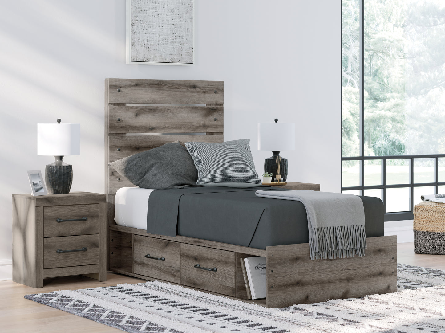Orange Furniture Outlet - Ashley Furniture - Graystorm Bedroom - Twin Panel Bed with Storage / Brown Gray - PCB2405B19