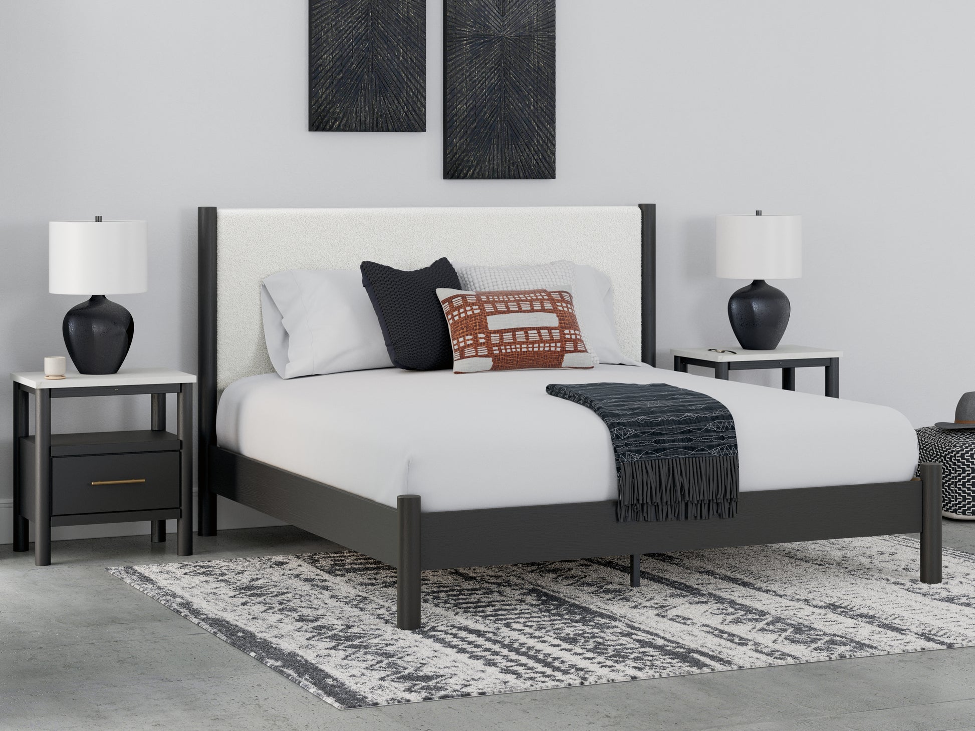 Orange Furniture Outlet - Ashley Furniture - Cadmori Bedroom - King Upholstered Panel Bed / Black/White - B2616B8