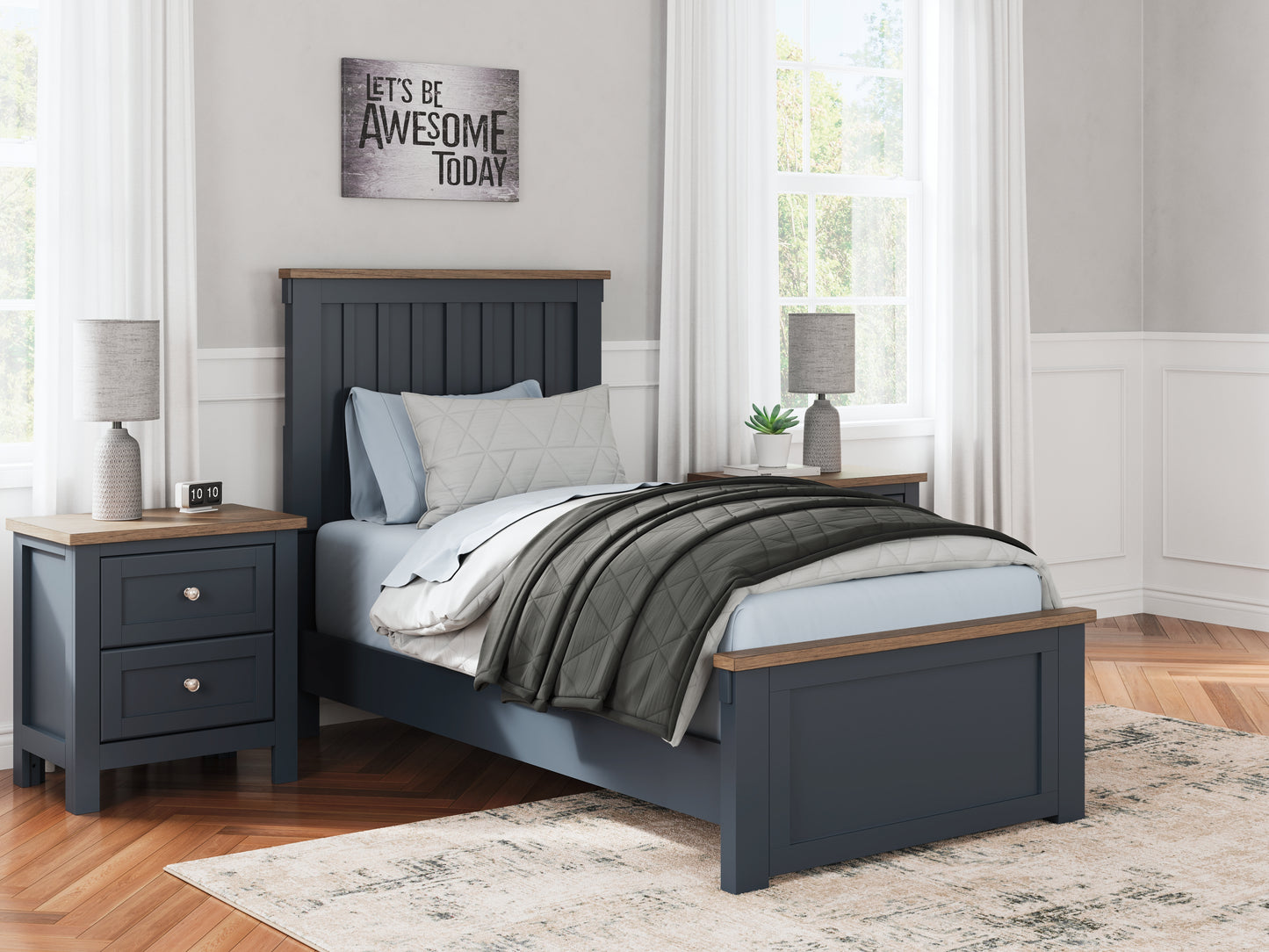 Orange Furniture Outlet - Ashley Furniture - Landocken Bedroom - Twin Panel Bed / Brown/Blue - B414B2