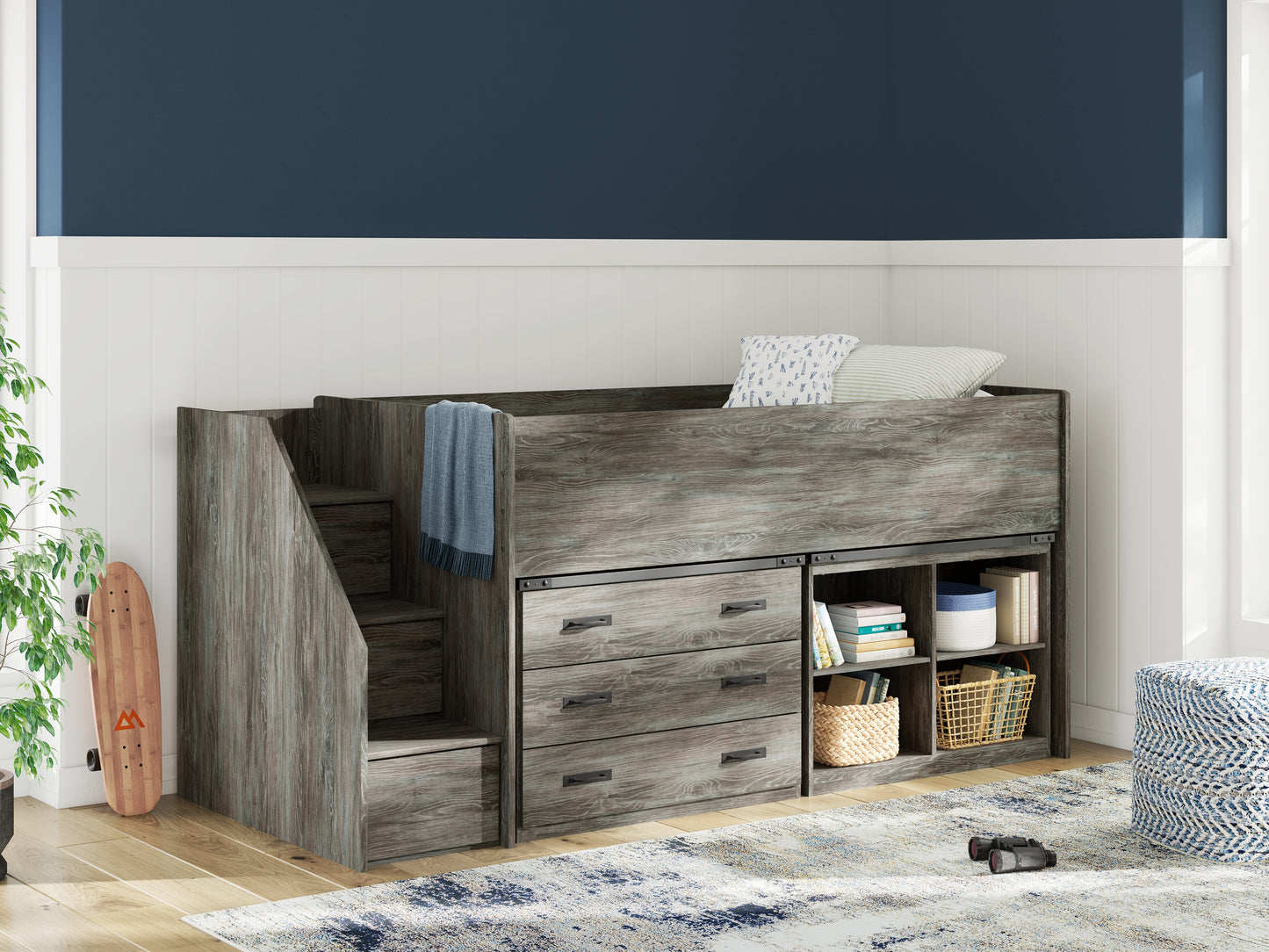 Orange Furniture Outlet - Ashley Furniture - Frandern Bedroom - Twin Loft  Bed with Bookcase and Drawer Storage / Gray - B4480B16