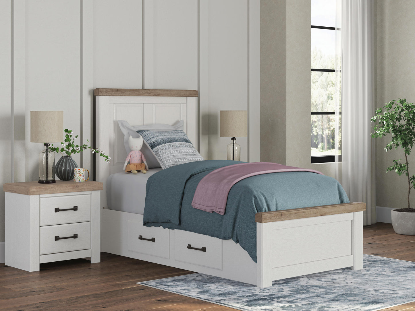 Orange Furniture Outlet - Ashley Furniture - Savonport Bedroom - Twin Panel Bed with Storage / White/Brown - B4615B18