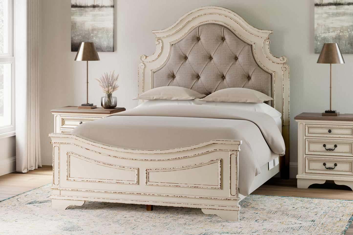 Orange Furniture Outlet - Ashley Furniture - Realyn Bedroom - Queen Upholstered Panel Bed / Chipped White - B743B2