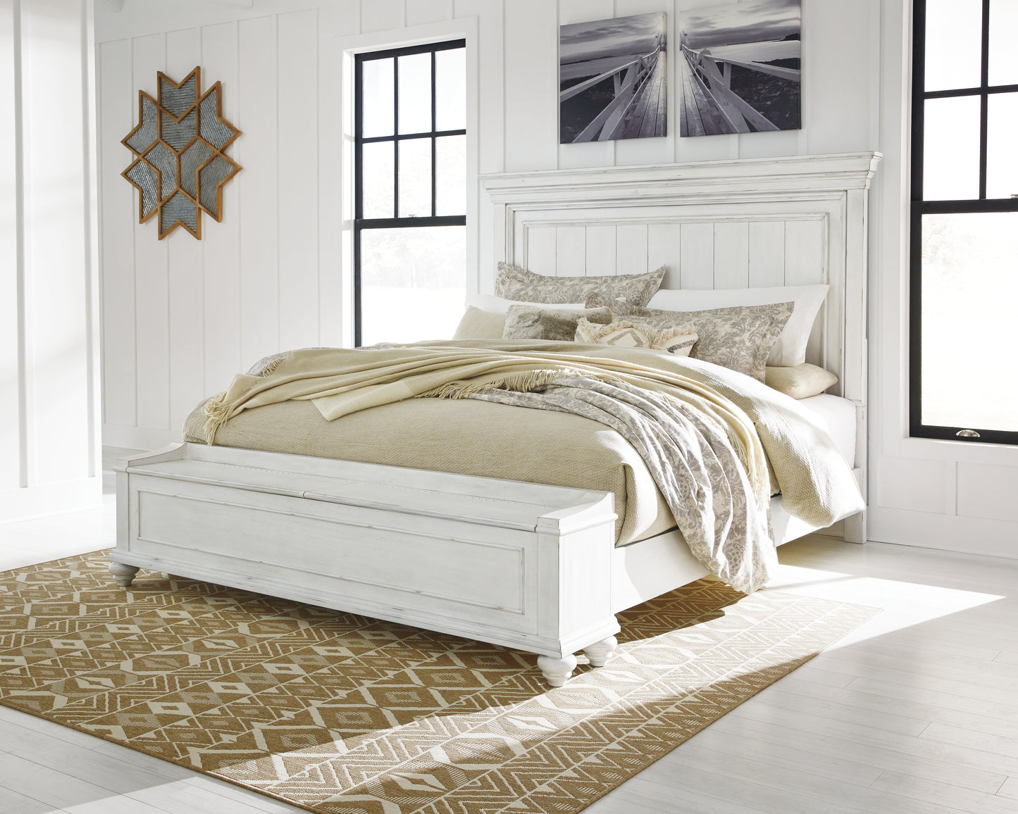 Orange Furniture Outlet - Ashley Furniture - Kanwyn Bedroom - California King Panel Bed with Storage Bench / Whitewash - B777B12