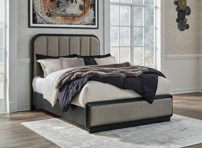 Orange Furniture Outlet - Ashley Furniture - Rowanbeck Bedroom - Queen Upholstered Panel Bed / Gray/Black - B821B2