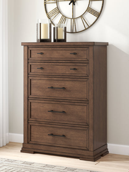 Orange Furniture Outlet - Ashley Furniture - Taffenbrook Bedroom - Five Drawer Chest / Medium Brown - B849-46