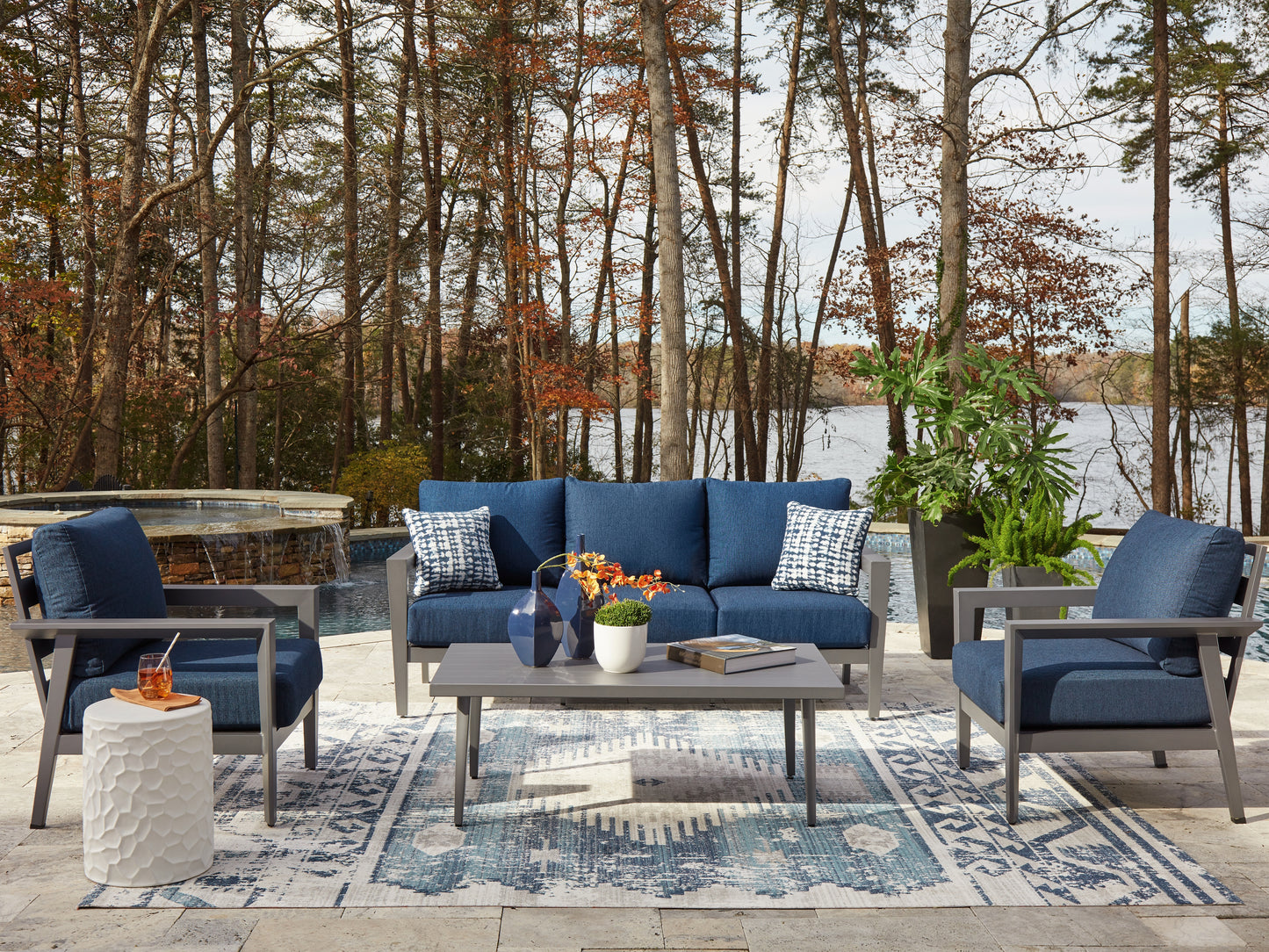 Orange Furniture Outlet - Ashley Furniture - Gali Outdoor - Sofa/Chairs/Table Set (4/CN) / Gray/Blue - P275-081