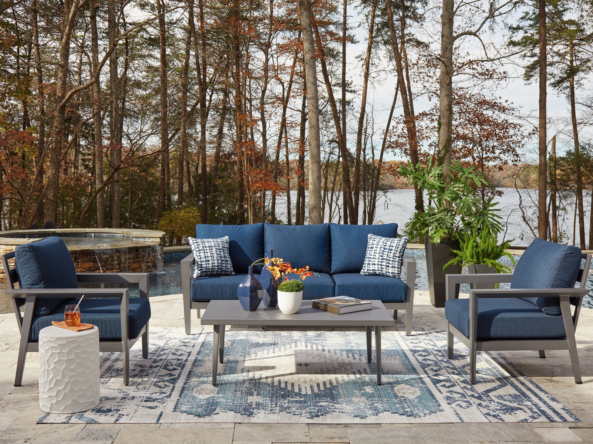 Orange Furniture Outlet - Ashley Furniture - Gali Outdoor - Sofa/Chairs/Table Set (4/CN) / Gray/Blue - P275-081