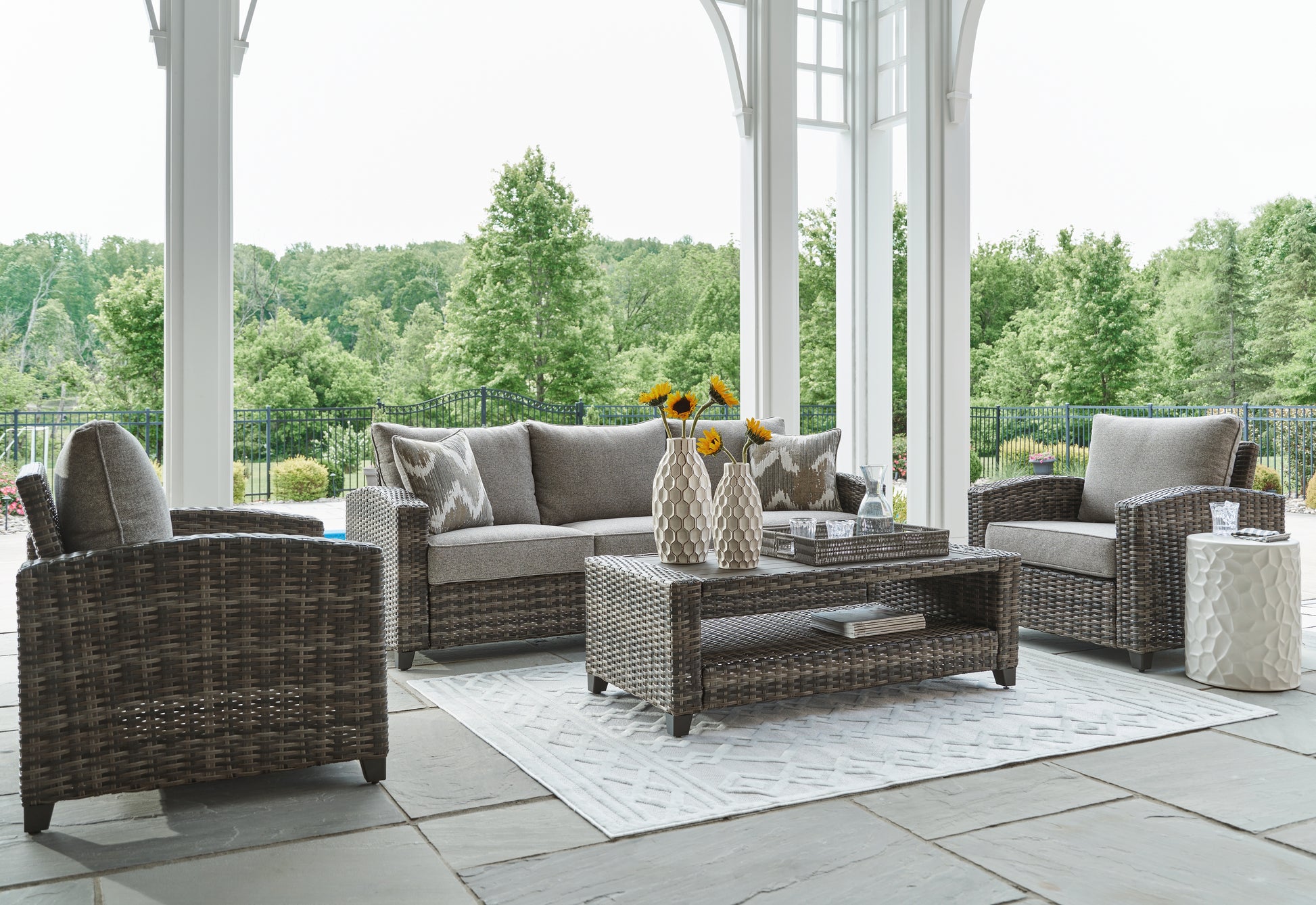 Orange Furniture Outlet - Ashley Furniture - Oasis Court Outdoor - Sofa/Chairs/Table Set (4/CN) / Gray - P335-081