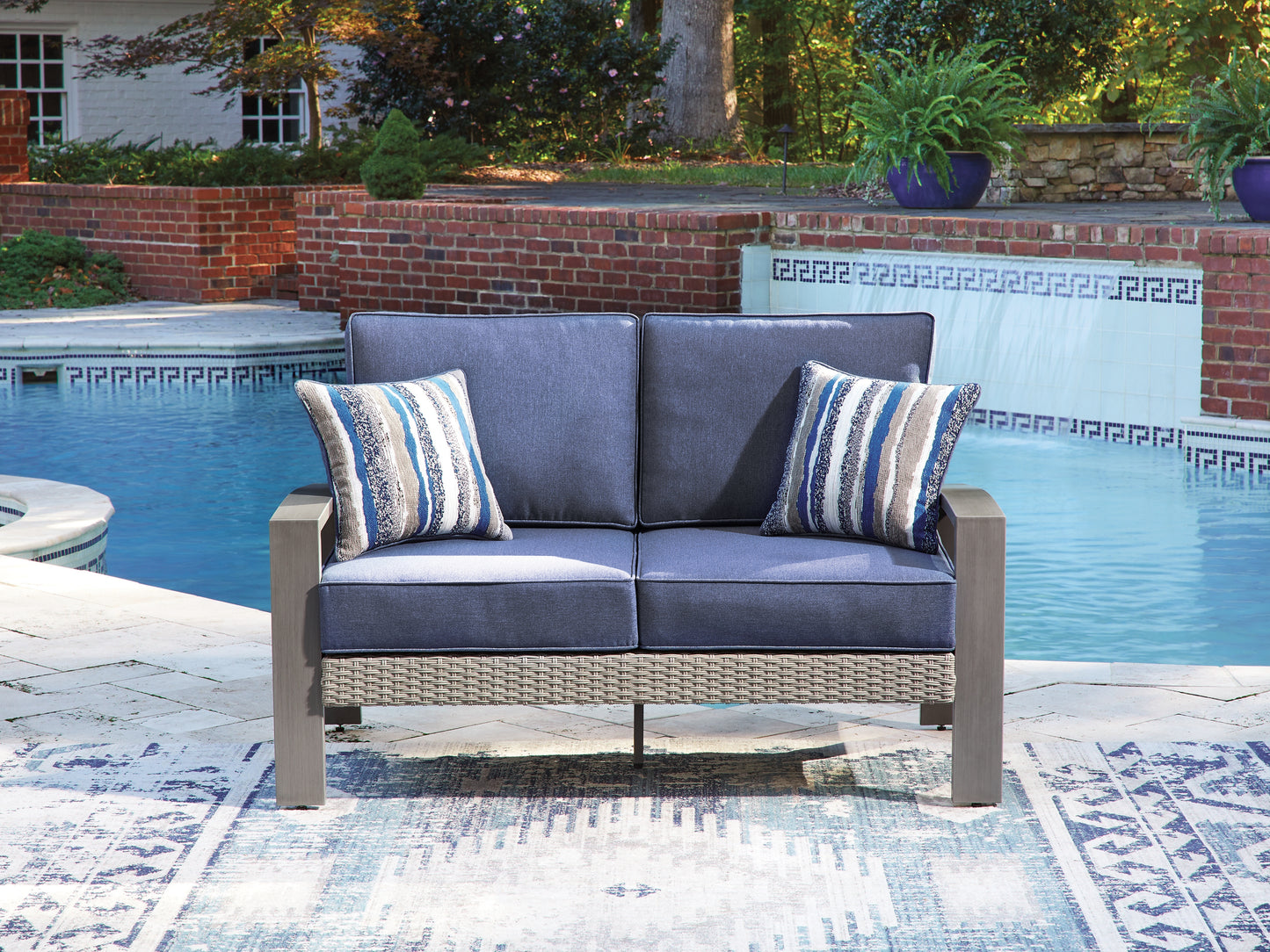 Orange Furniture Outlet - Ashley Furniture - Half Moon Beach Outdoor - Loveseat w/Cushion / Blue/Gray - PCP418-835