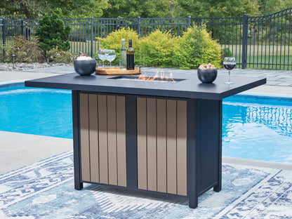 Orange Furniture Outlet - Ashley Furniture - East Beach Outdoor - RECT Bar Table w/Fire Pit / Navy Blue/Driftwood - PCP587-665