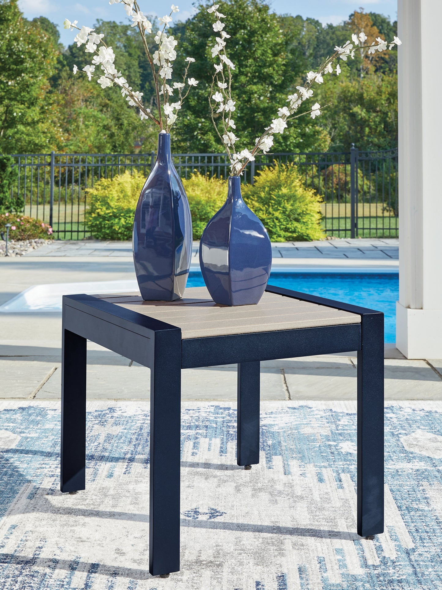 Orange Furniture Outlet - Ashley Furniture - East Beach Outdoor - Rectangular End Table / Navy Blue/Driftwood - PCP587-703