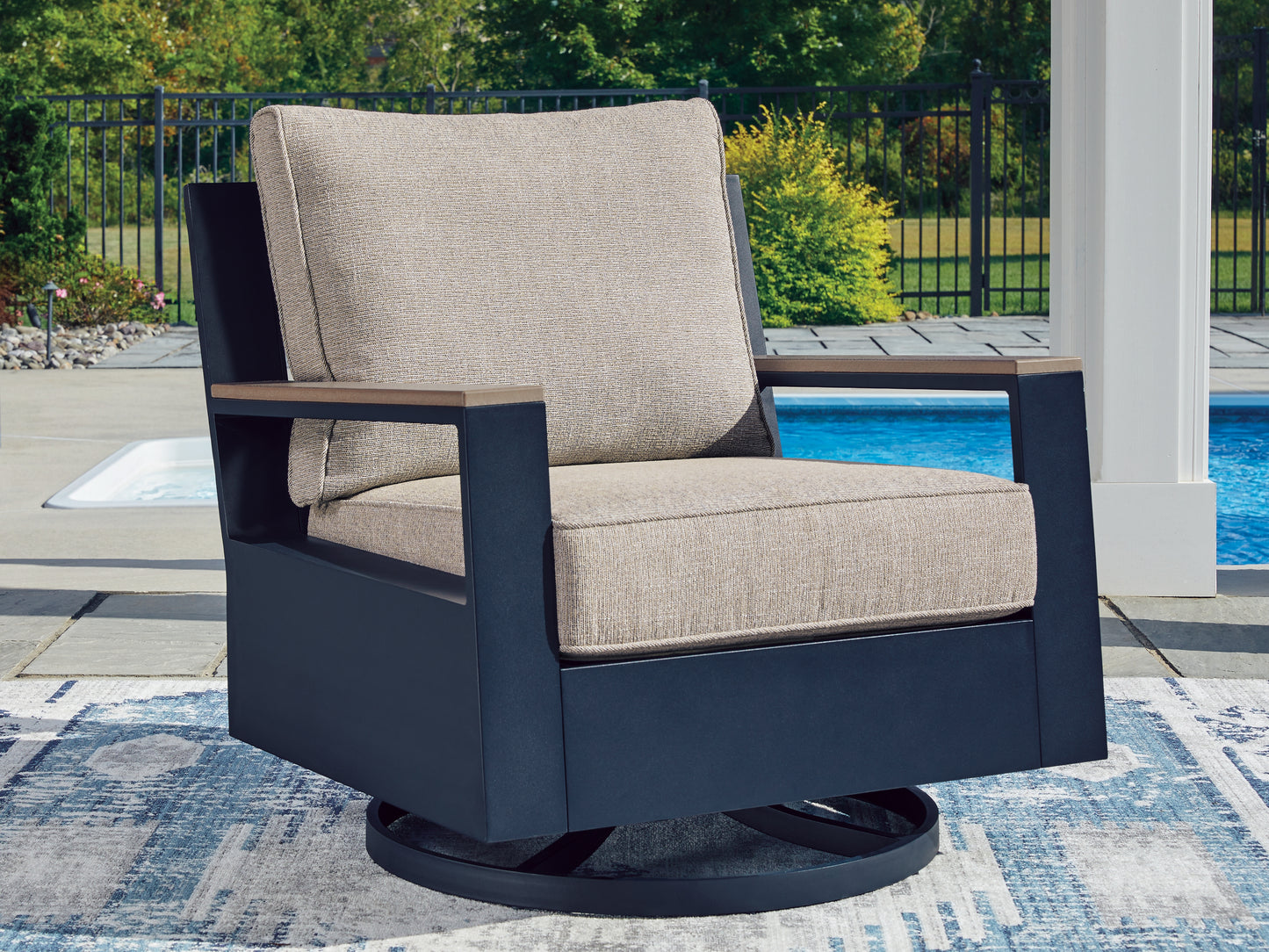 Orange Furniture Outlet - Ashley Furniture - East Beach Outdoor - Swivel Glider Chair w/Cushion / Navy Blue/Driftwood - PCP587-821