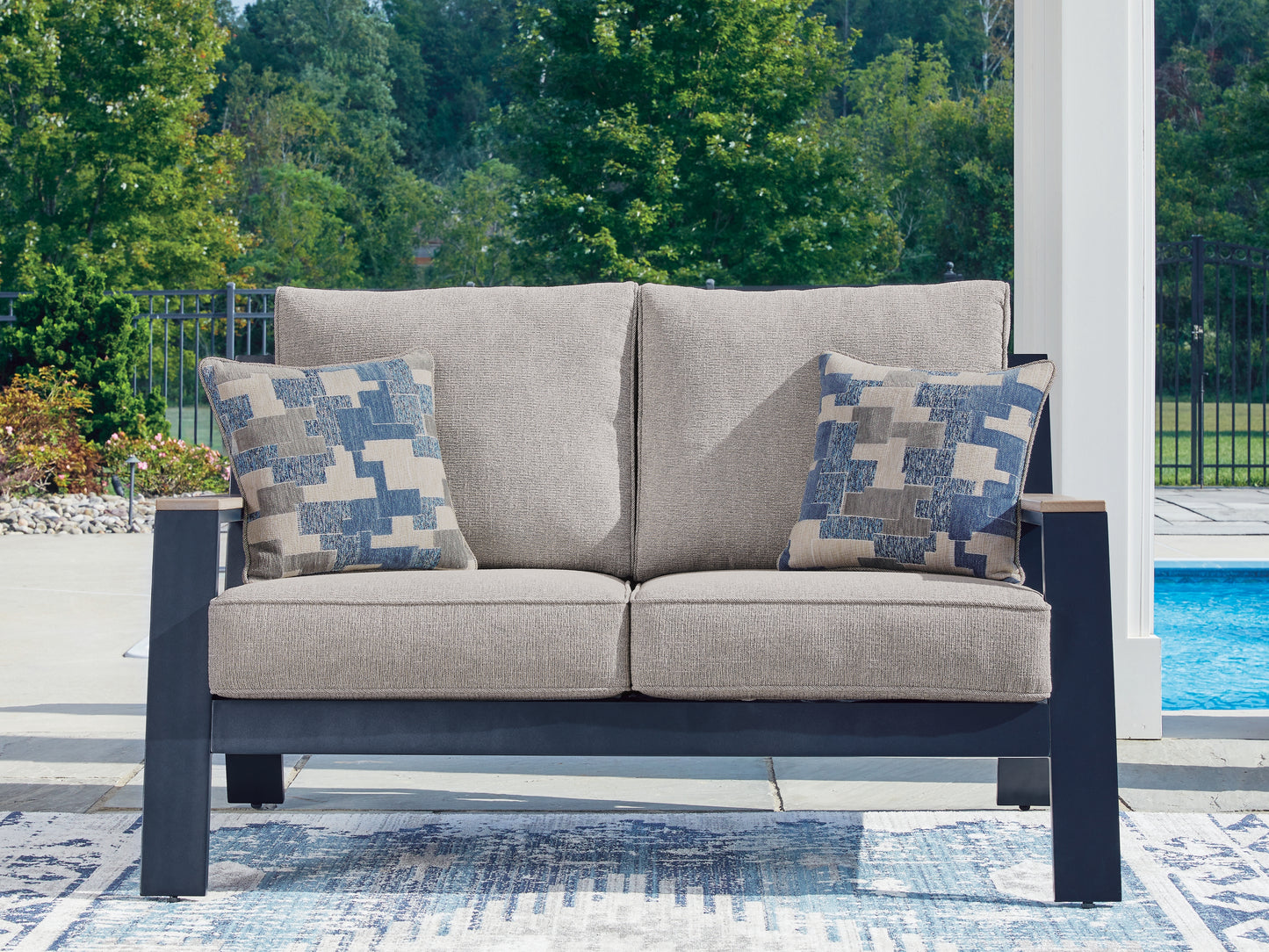 Orange Furniture Outlet - Ashley Furniture - East Beach Outdoor - Loveseat w/Cushion / Navy Blue/Driftwood - PCP587-835