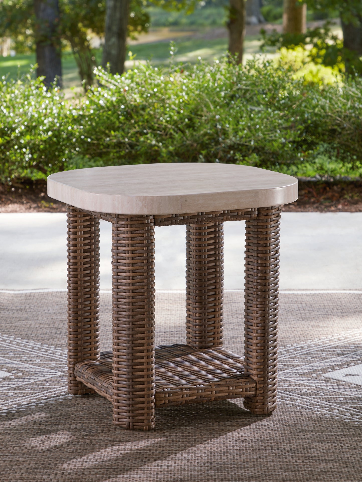 Orange Furniture Outlet - Ashley Furniture - Dolan Creek Outdoor - Square End Table / Beige/Brown - PCP610-702