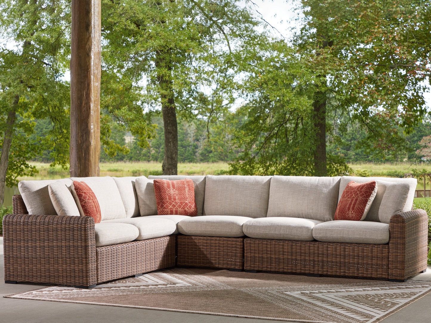 Orange Furniture Outlet - Ashley Furniture - Dolan Creek Outdoor - 4-Piece Outdoor Sectional / Beige/Brown - PCP610P2