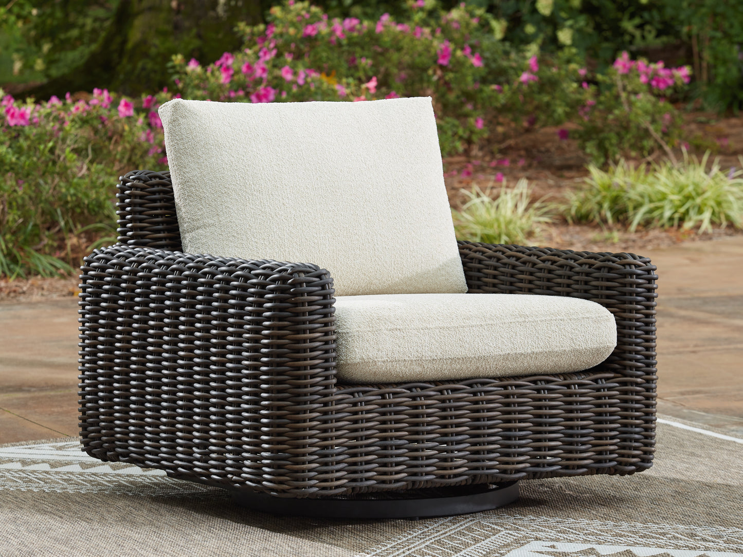 Orange Furniture Outlet - Ashley Furniture - Kimora Outdoor - Swivel Glider Lounge w/Cushion / Beige/Dark Brown - P711-821