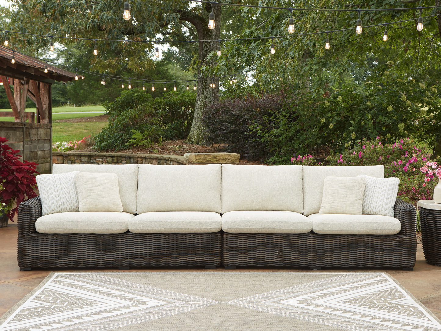 Orange Furniture Outlet - Ashley Furniture - Kimora Outdoor - RAF/LAF Loveseat w/CUSH (Set of 2) / Beige/Dark Brown - P711-854