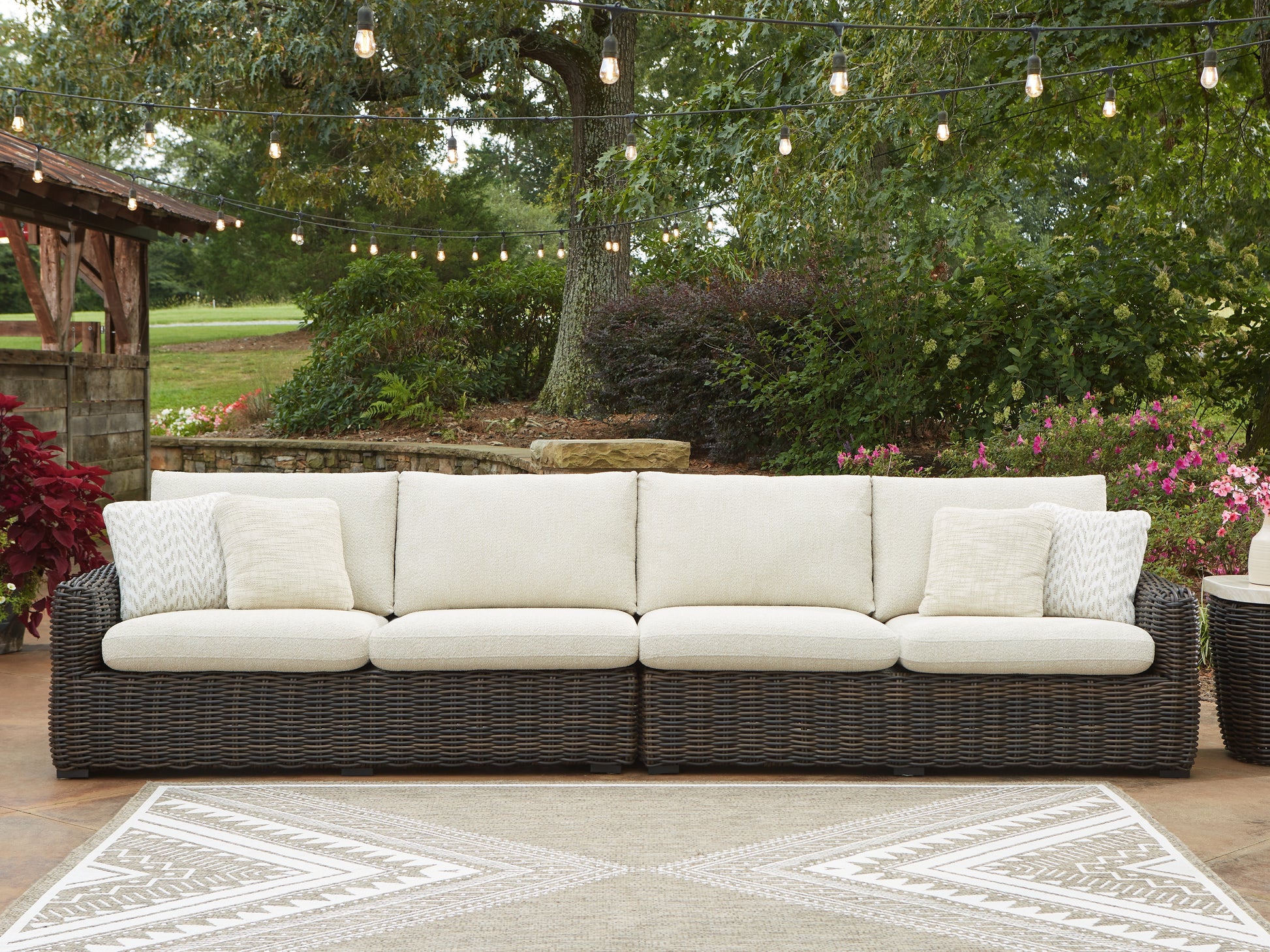 Orange Furniture Outlet - Ashley Furniture - Kimora Outdoor - RAF/LAF Loveseat w/CUSH (Set of 2) / Beige/Dark Brown - P711-854