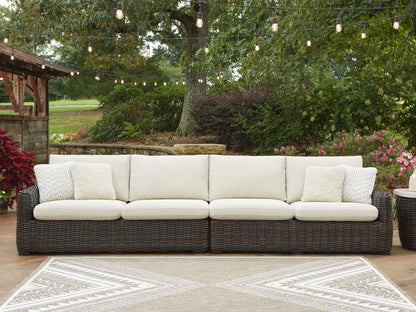 Orange Furniture Outlet - Ashley Furniture - Kimora Outdoor - RAF/LAF Loveseat w/CUSH (Set of 2) / Beige/Dark Brown - P711-854