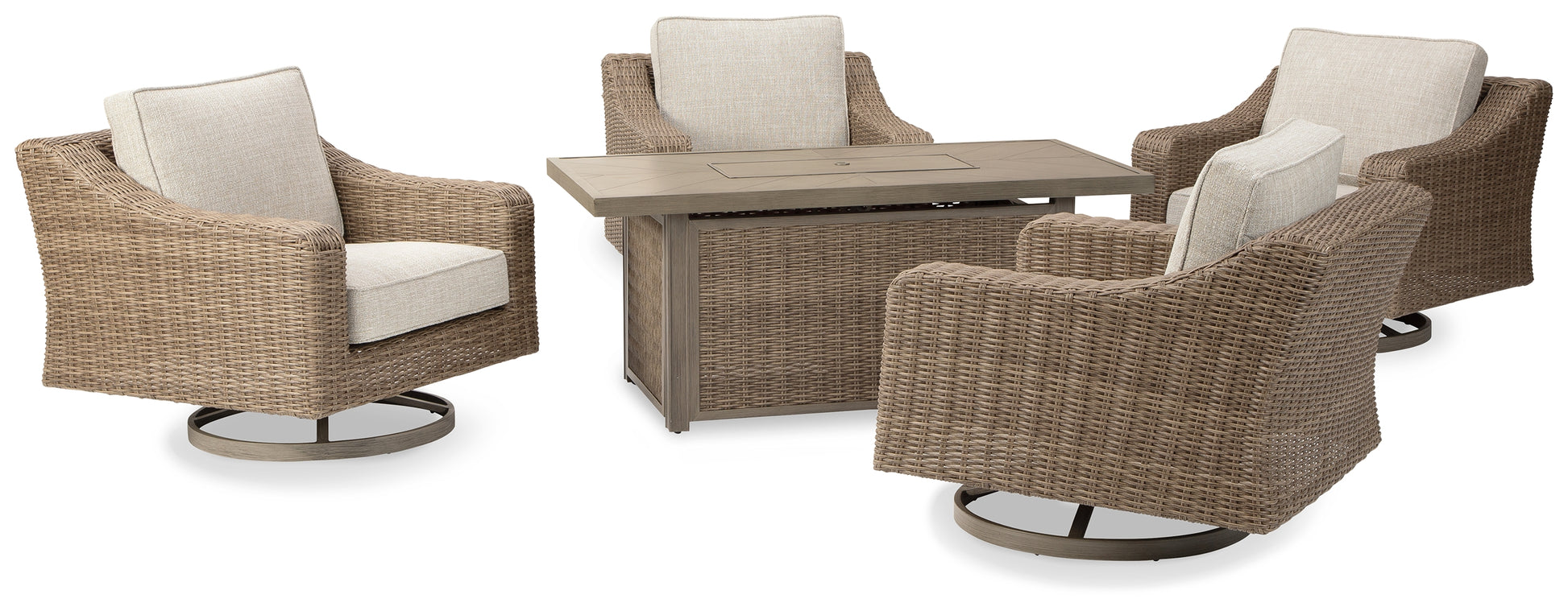 Orange Furniture Outlet - Ashley Furniture - Beachcroft Outdoor - 5-Piece Outdoor Fire Pit Table with 4 Chairs / Beige - P791P17