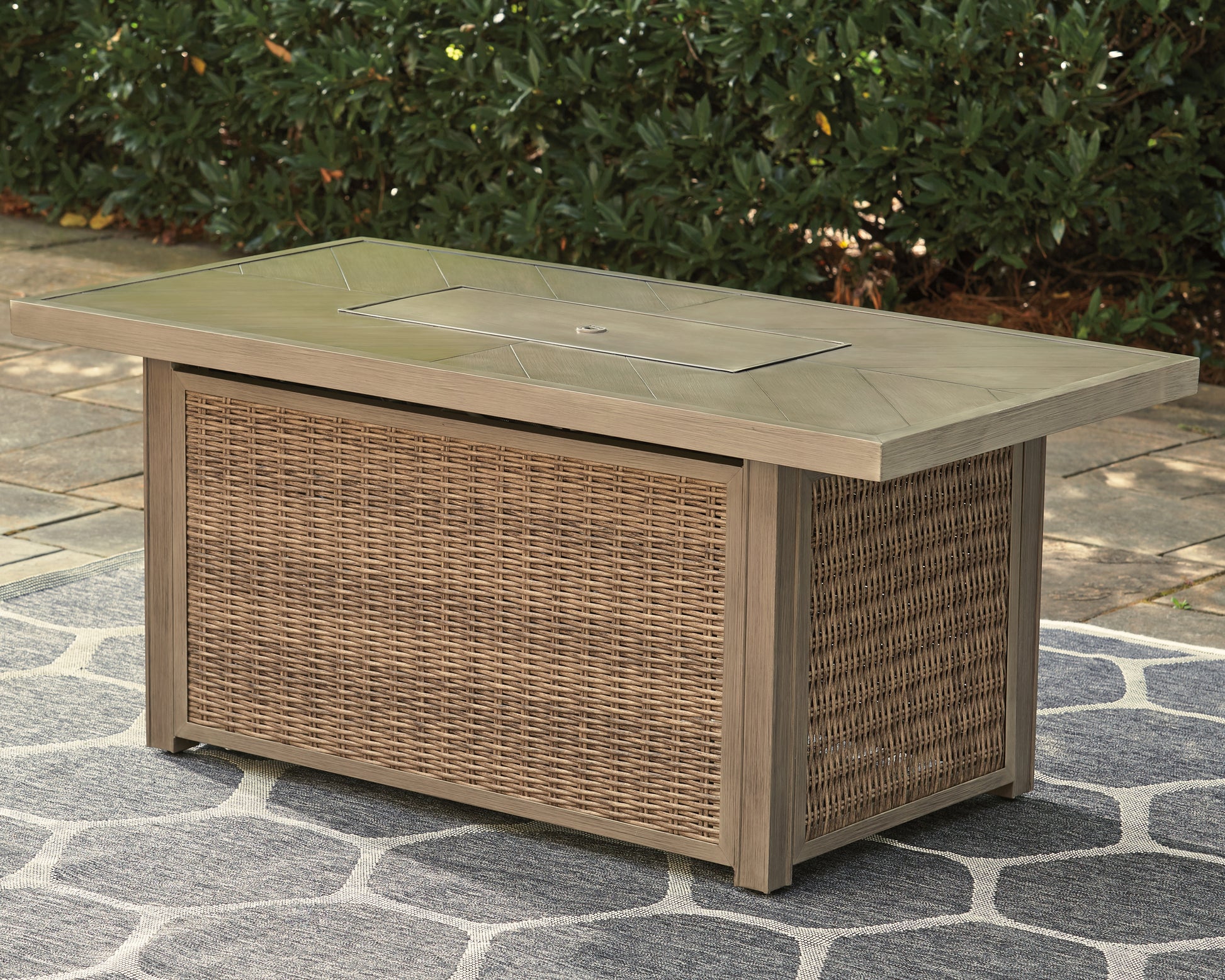 Orange Furniture Outlet - Ashley Furniture - Beachcroft Outdoor - Rectangular Fire Pit Table / Beige - P791-773