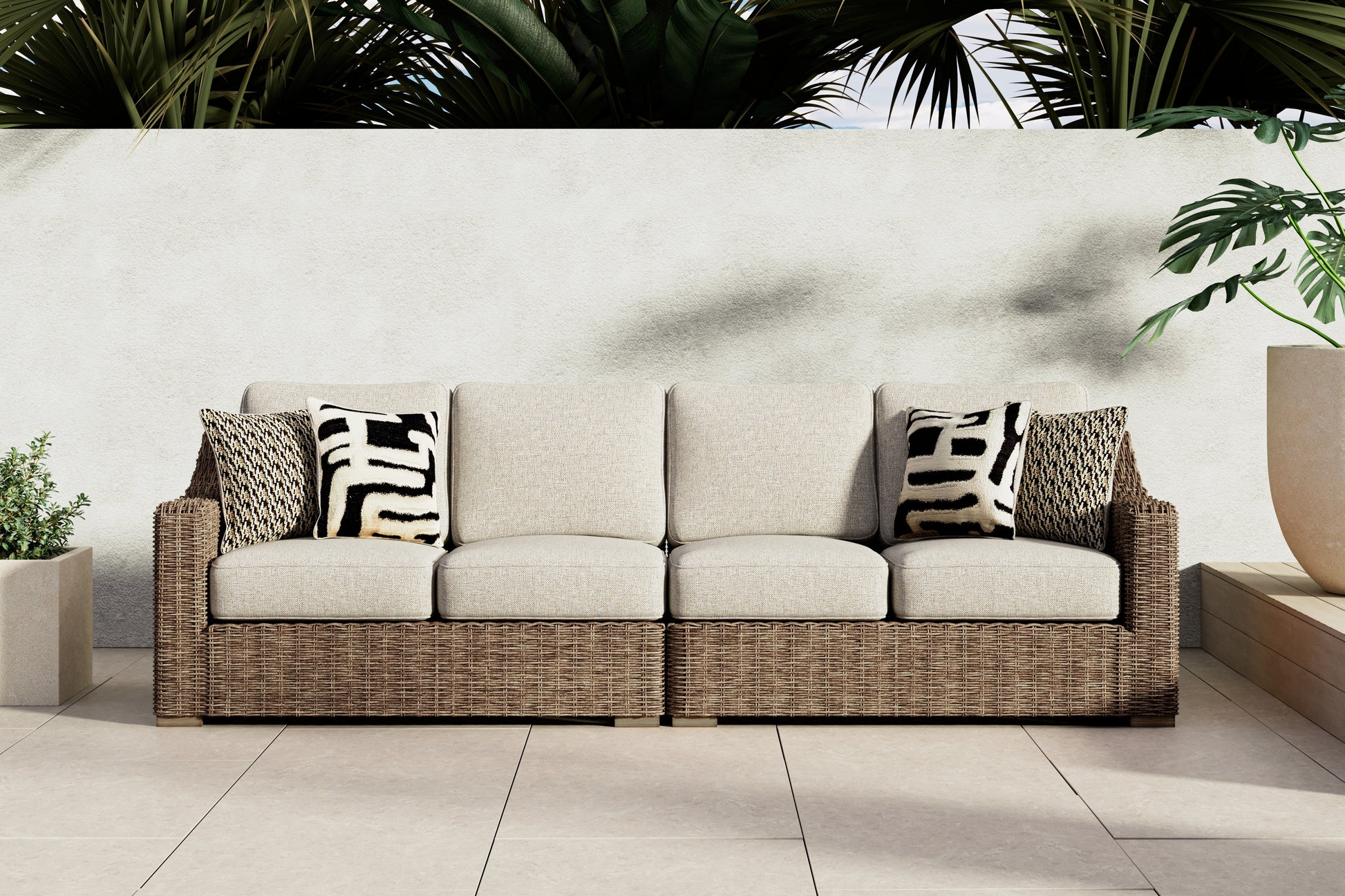 Orange Furniture Outlet - Ashley Furniture - Beachcroft Outdoor - RAF/LAF Loveseat w/CUSH (Set of 2) / Beige - P791-854