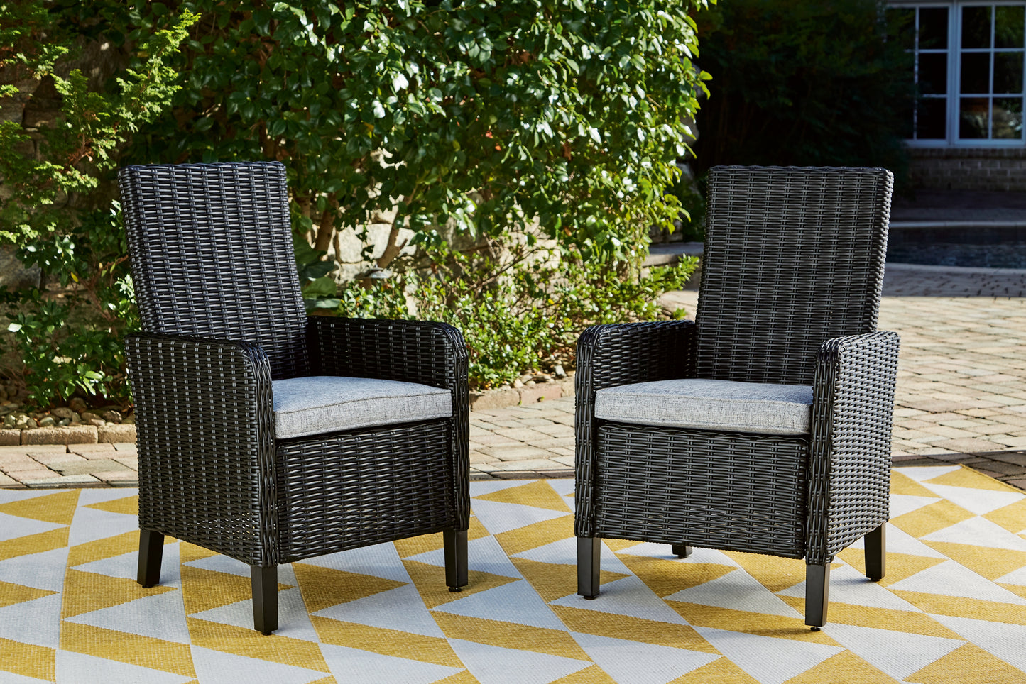 Orange Furniture Outlet - Ashley Furniture - Beachcroft Outdoor - Arm Chair With Cushion (Set of 2) / Black/Light Gray - P792-601A