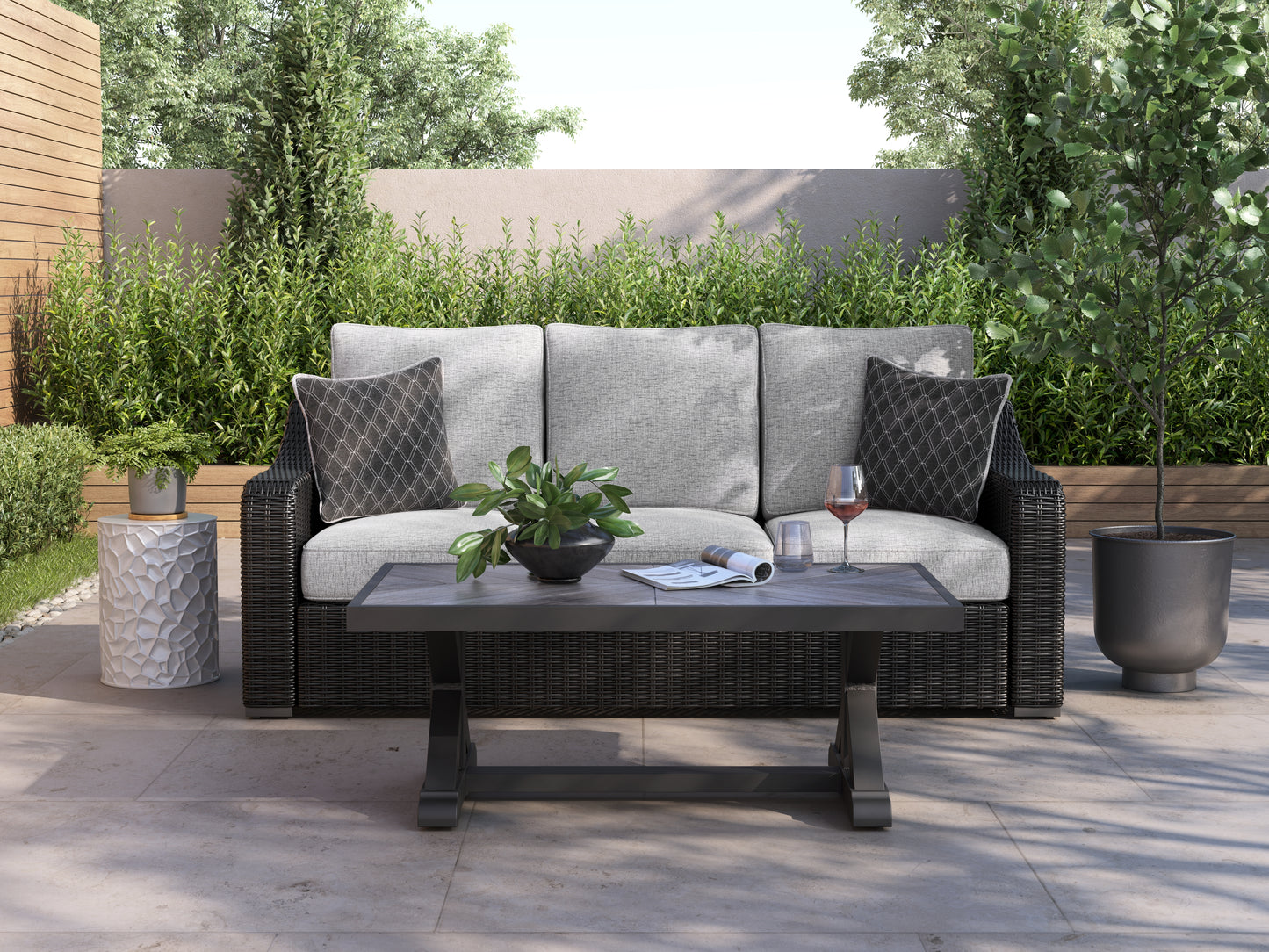 Orange Furniture Outlet - Ashley Furniture - Beachcroft Outdoor - Sofa with Cushion / Black/Light Gray - P792-838