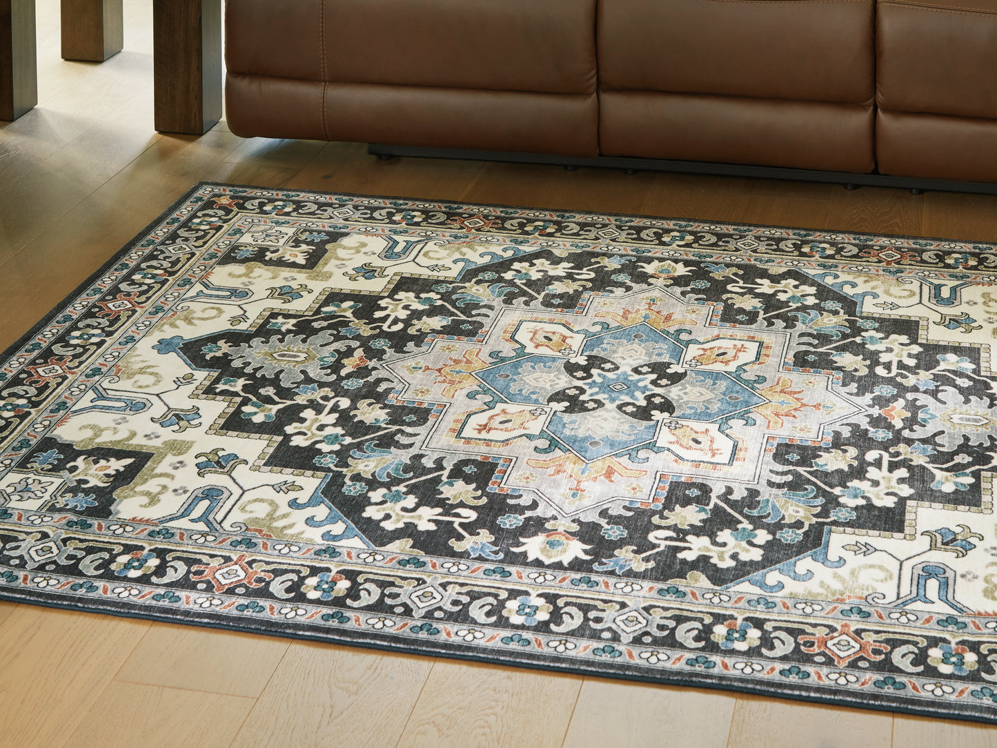 Orange Furniture Outlet - Ashley Furniture - Leningston Rug - 8' x 10' Washable Rug / Black/Cream/Blue - R407061