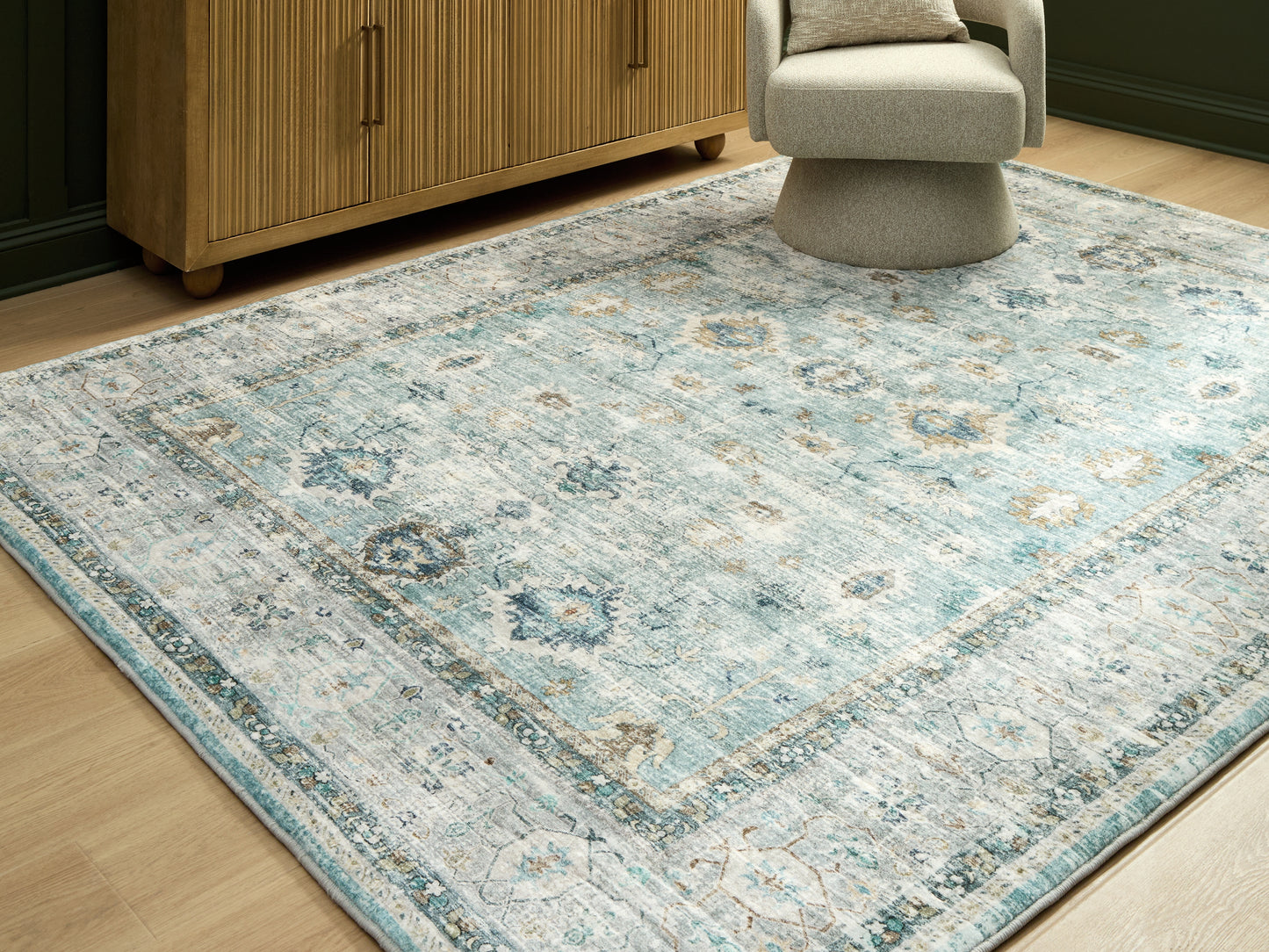 Orange Furniture Outlet - Ashley Furniture - Ladstoney Rug - 7'6" x 9'6" Area Rug / Teal/Beige/Ochre - R407501