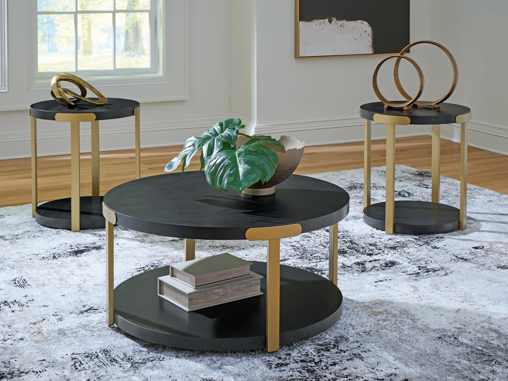 Orange Furniture Outlet - Ashley Furniture - Shylore Table (Set of 3) - Occasional Table Set (3/CN) / Black/Brass Finish - T410-13