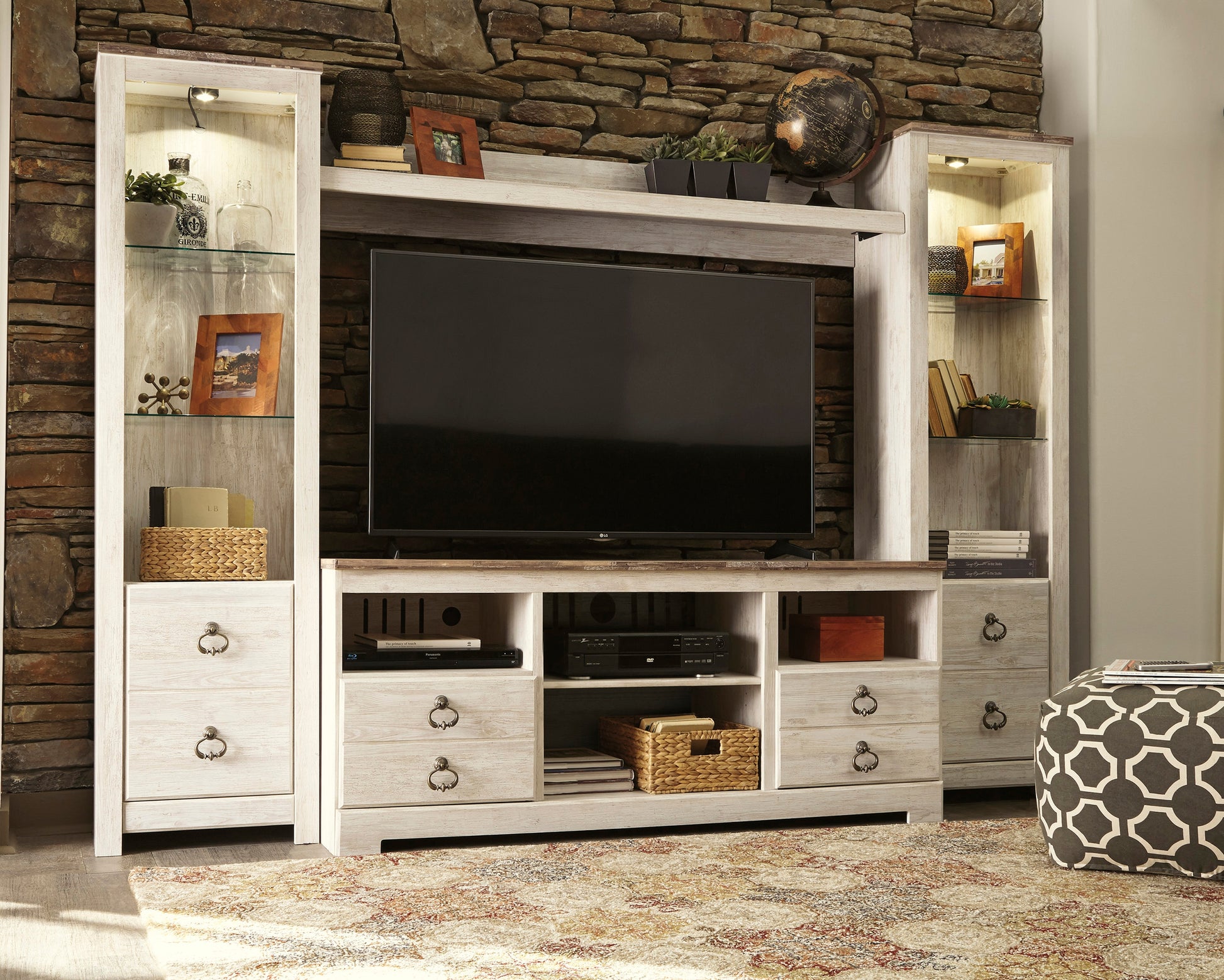 Orange Furniture Outlet - Ashley Furniture - Willowton Entertainment Center - 4-Piece Entertainment Center / Whitewash - W267W3
