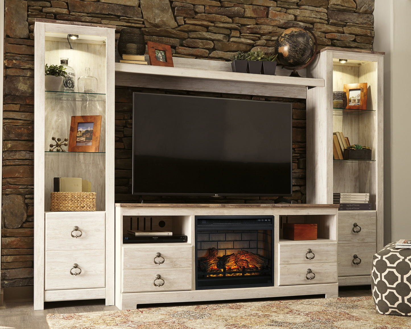 Orange Furniture Outlet - Ashley Furniture - Willowton 4-Piece Entertainment Center with Electric Fireplace - 4-Piece Entertainment Center with Electric Fireplace / Whitewash - W267W9
