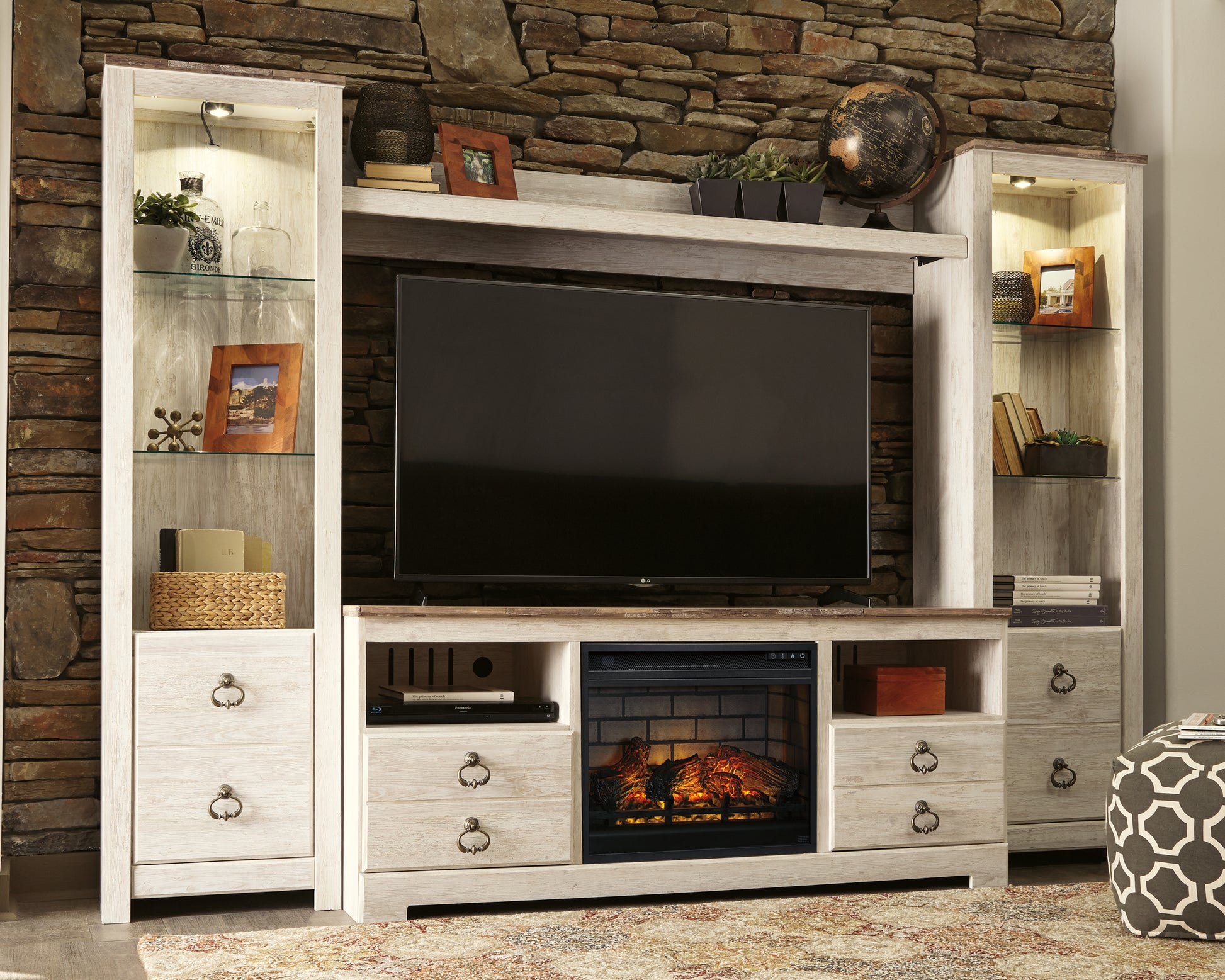 Orange Furniture Outlet - Ashley Furniture - Willowton 4-Piece Entertainment Center with Electric Fireplace - 4-Piece Entertainment Center with Electric Fireplace / Whitewash - W267W9