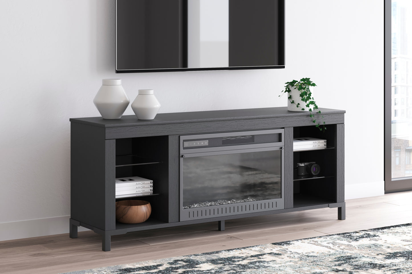 Orange Furniture Outlet - Ashley Furniture - Cayberry TV Stand - 60" with Electric Fireplace / Black - W2721-168