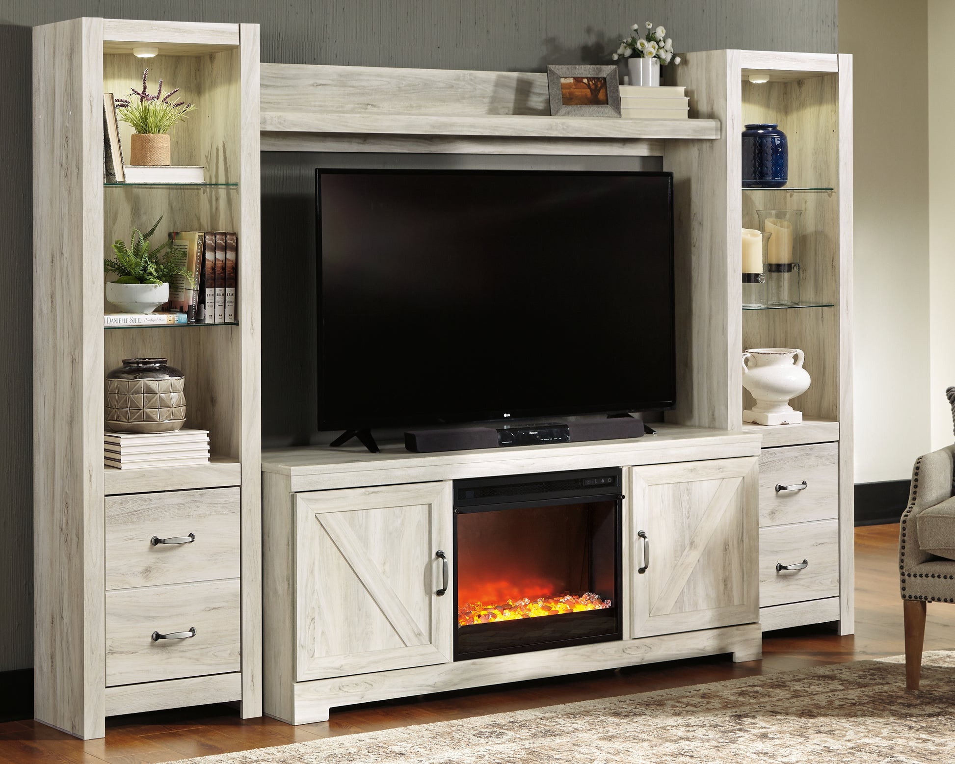 Orange Furniture Outlet - Ashley Furniture - Bellaby 4-Piece Entertainment Center with Fireplace - 4-Piece Entertainment Center with Fireplace / Whitewash - W331W5