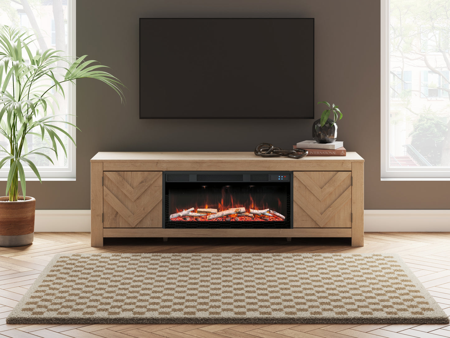 Orange Furniture Outlet - Ashley Furniture - Cayboni 71" TV Stand with Electric Fireplace - 71" TV Stand with Electric Fireplace / Tan - W3787W1